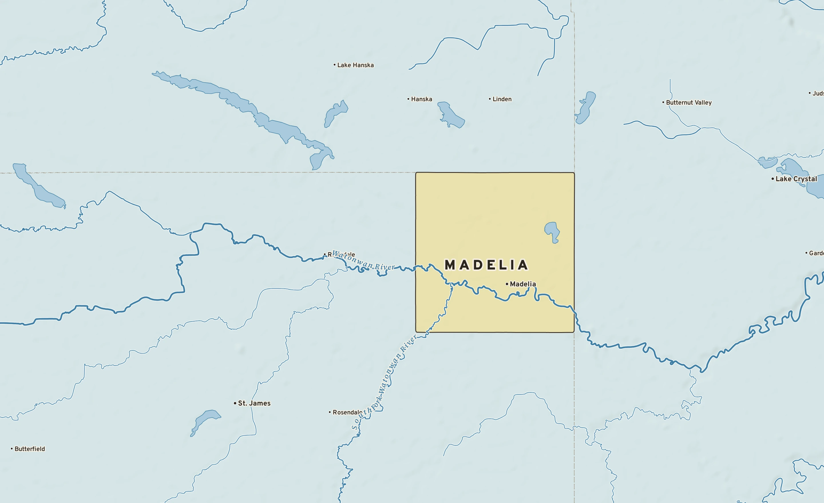 Shaded-relief atlas plate of Madelia, Minnesota: rivers, roads, the city limits and where the water drains.