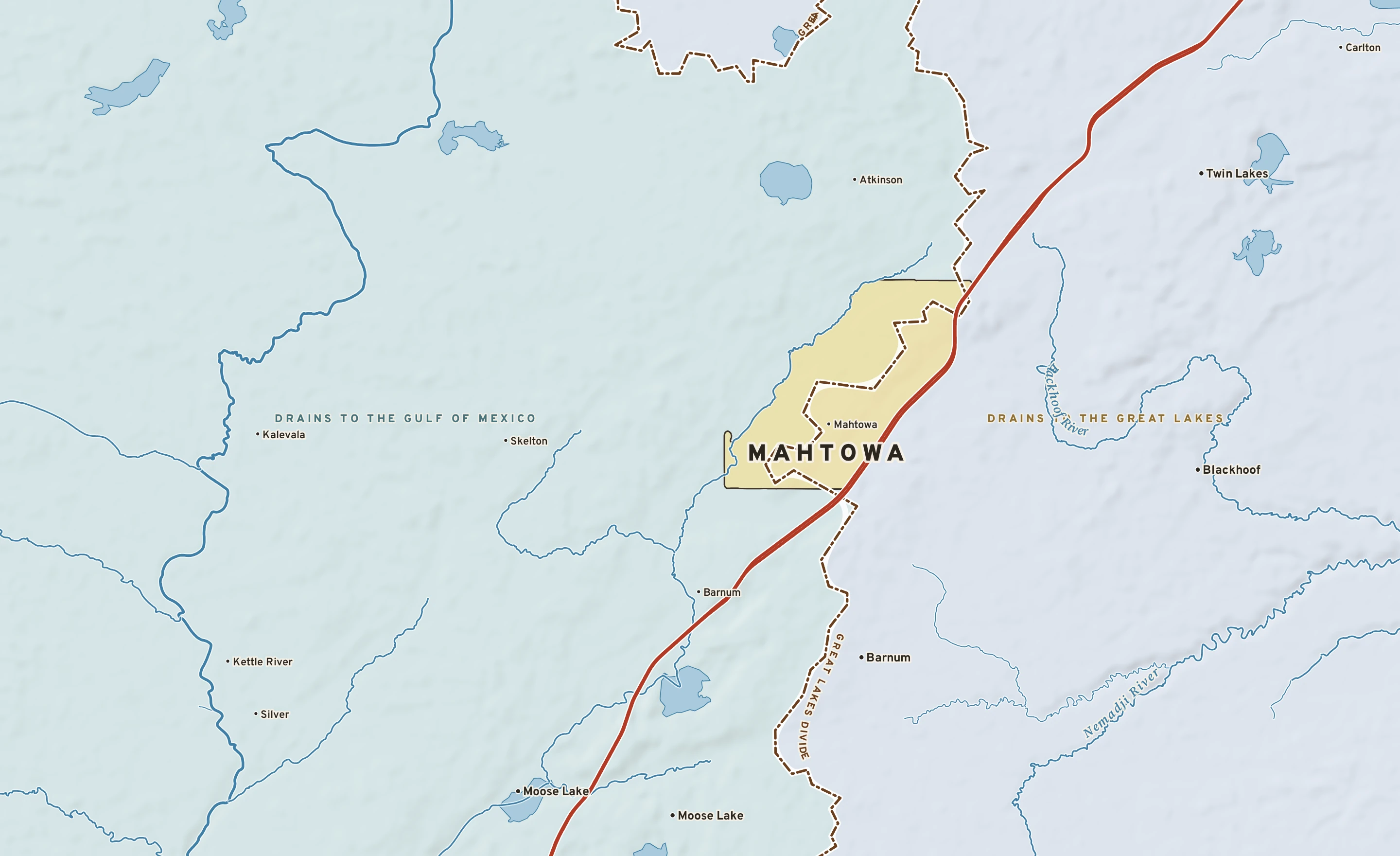 Shaded-relief atlas plate of Mahtowa, Minnesota: rivers, roads, the city limits and where the water drains.