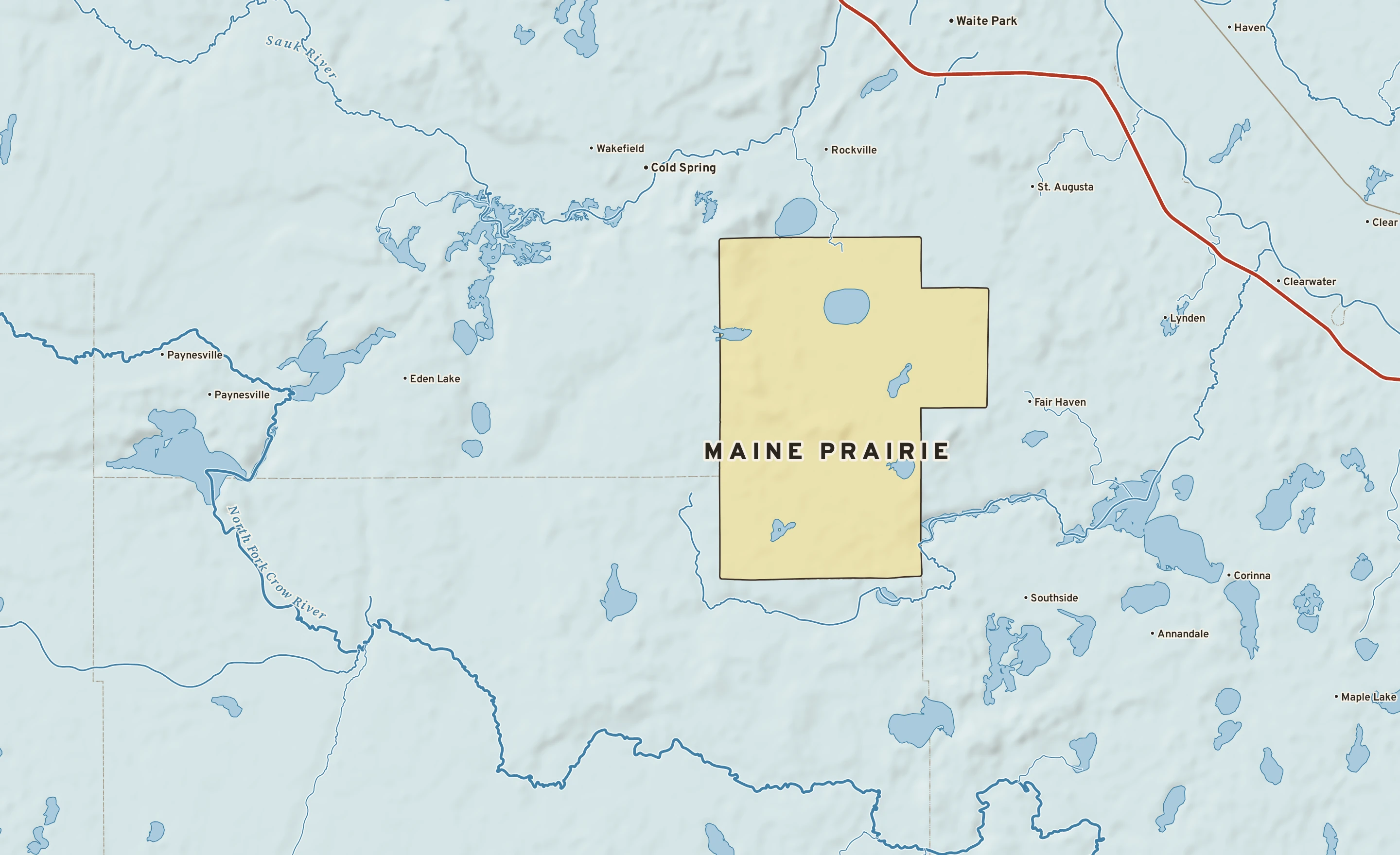 Shaded-relief atlas plate of Maine Prairie, Minnesota: rivers, roads, the city limits and where the water drains.