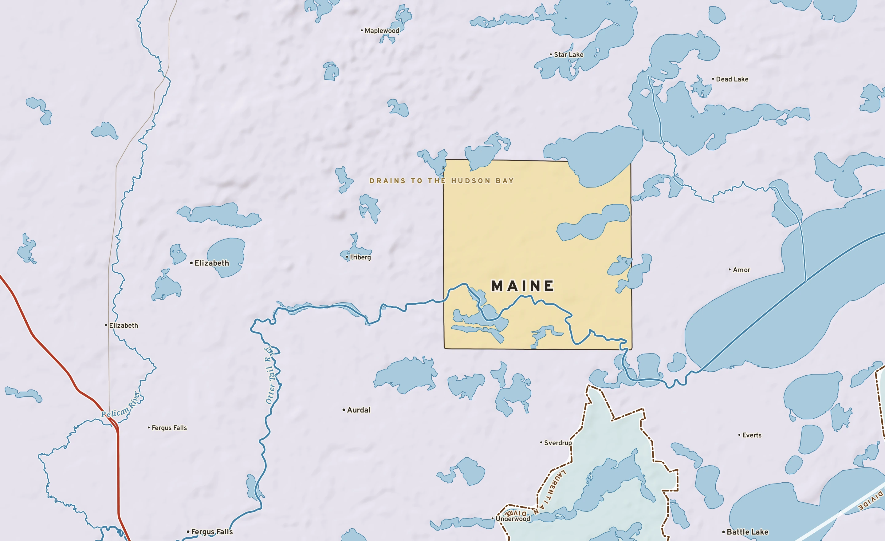 Shaded-relief atlas plate of Maine, Minnesota: rivers, roads, the city limits and where the water drains.