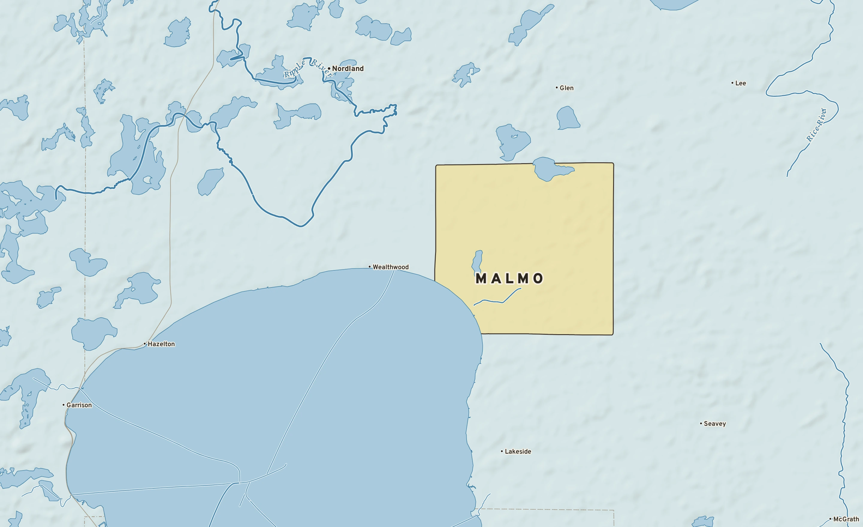 Shaded-relief atlas plate of Malmo, Minnesota: rivers, roads, the city limits and where the water drains.