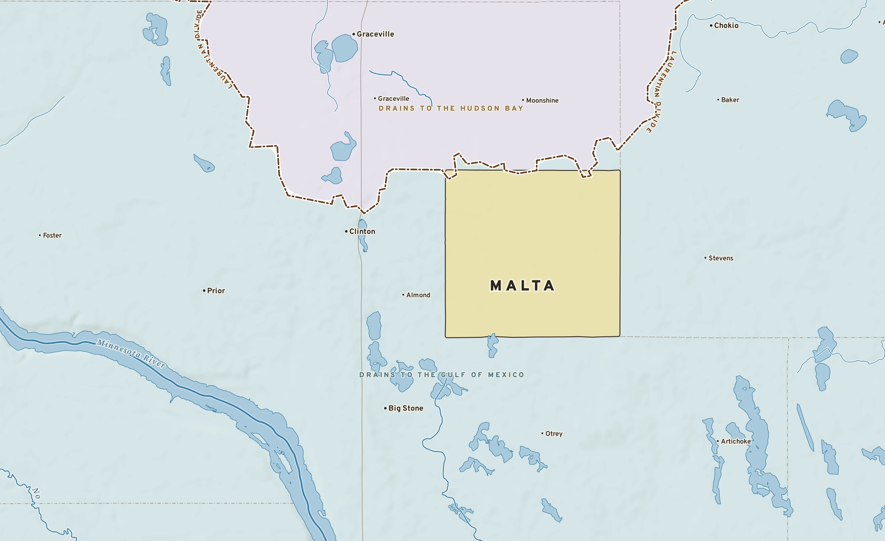 Shaded-relief atlas plate of Malta, Minnesota: rivers, roads, the city limits and where the water drains.