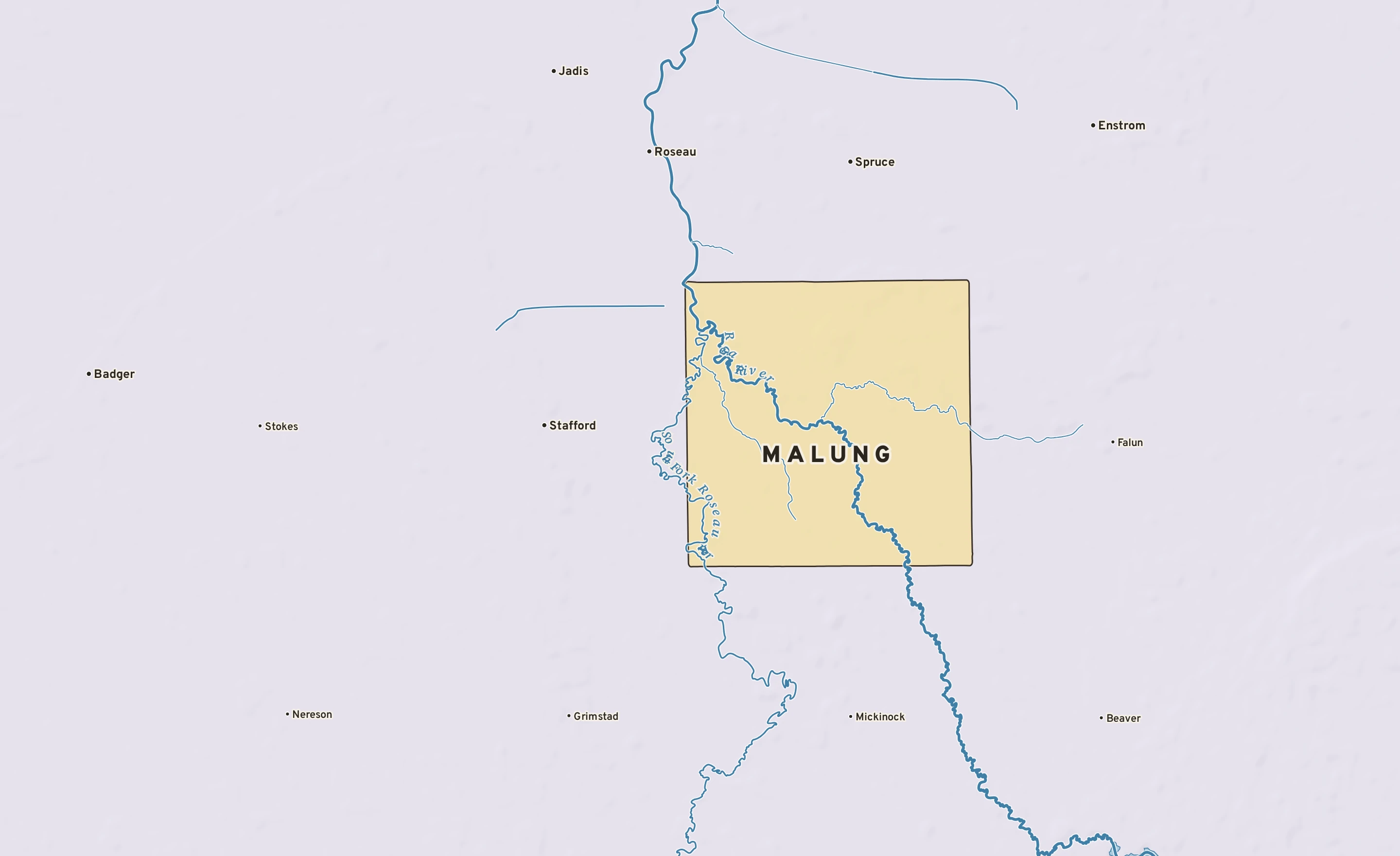 Shaded-relief atlas plate of Malung, Minnesota: rivers, roads, the city limits and where the water drains.