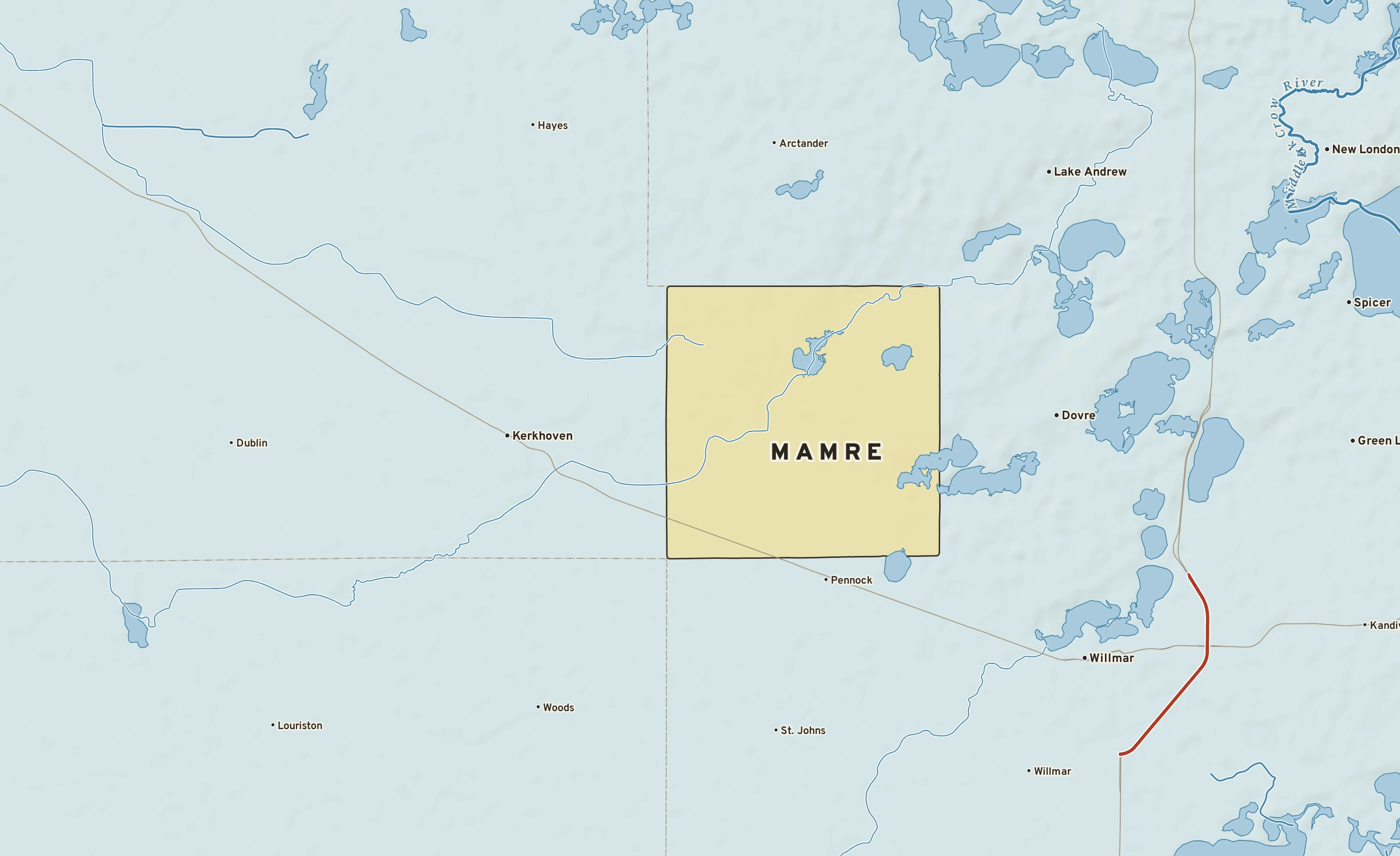 Shaded-relief atlas plate of Mamre, Minnesota: rivers, roads, the city limits and where the water drains.