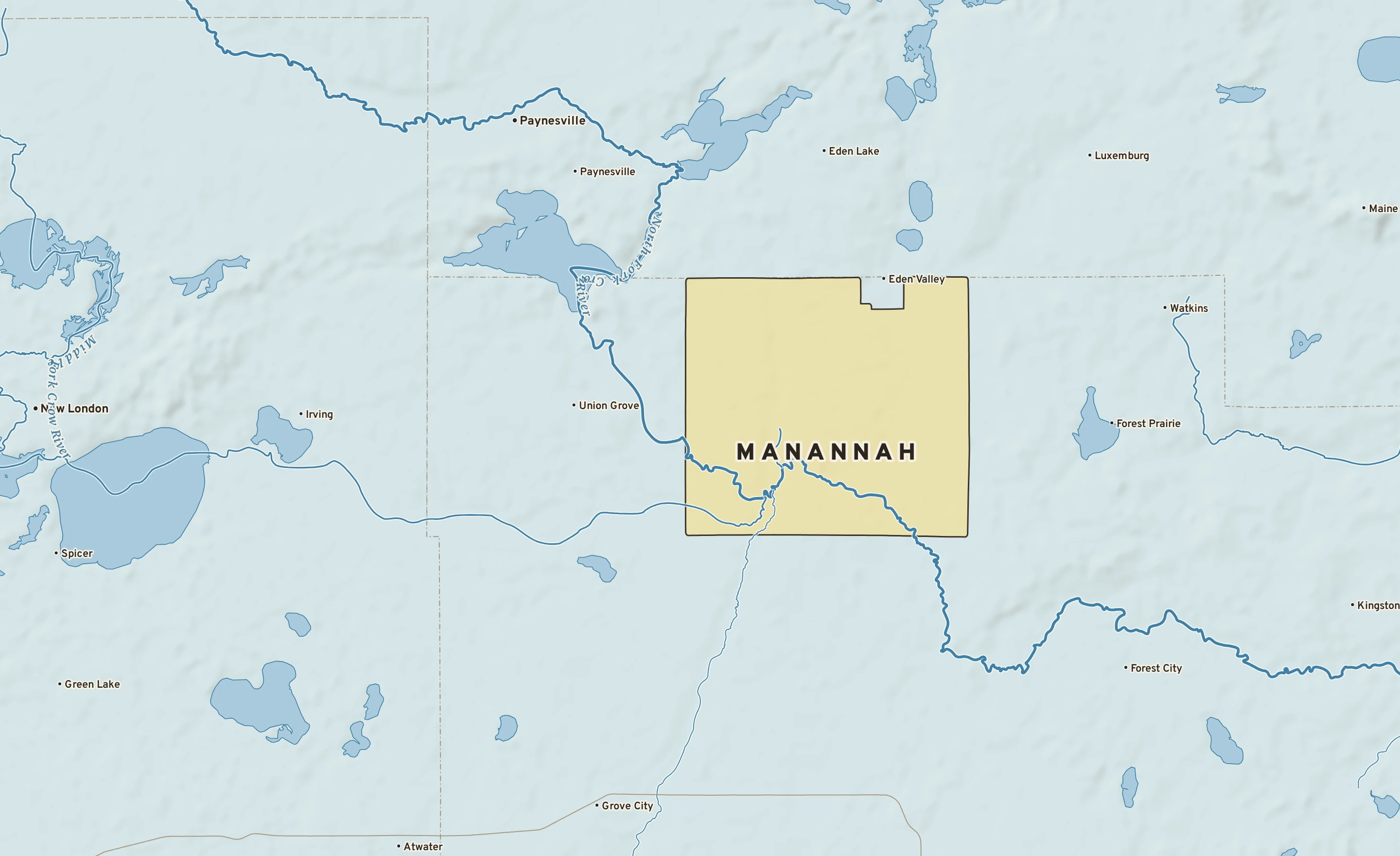 Shaded-relief atlas plate of Manannah, Minnesota: rivers, roads, the city limits and where the water drains.