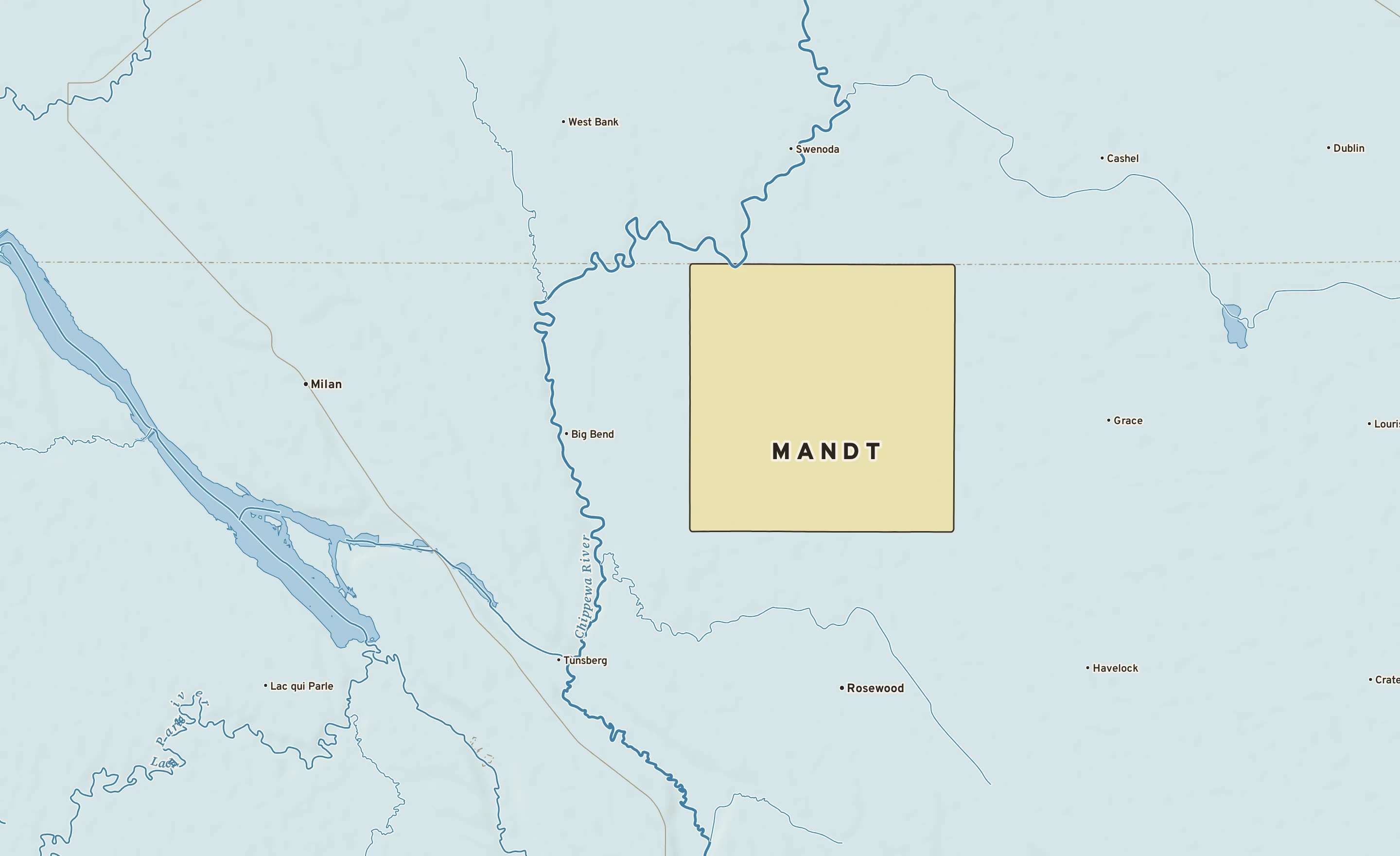 Shaded-relief atlas plate of Mandt, Minnesota: rivers, roads, the city limits and where the water drains.