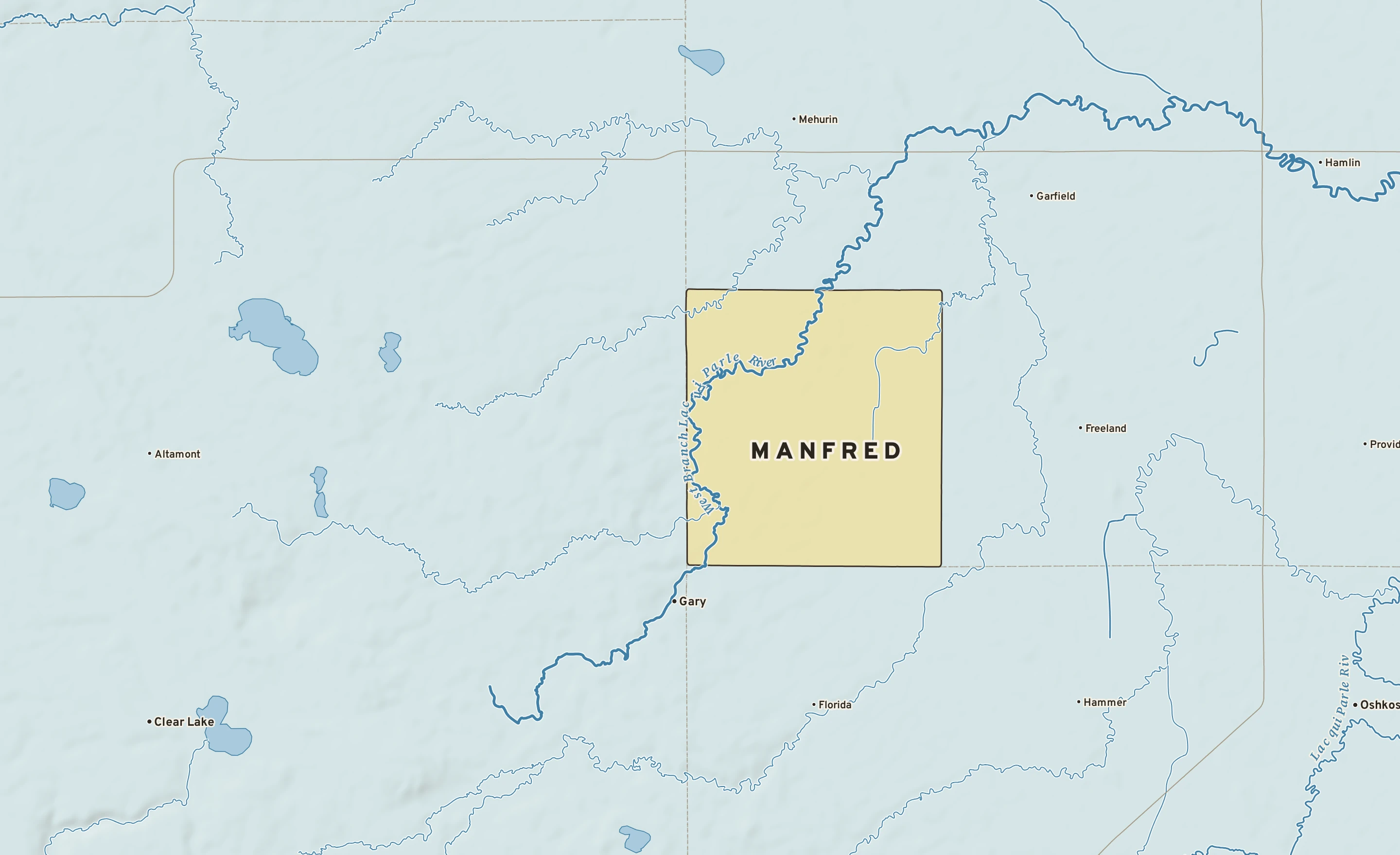 Shaded-relief atlas plate of Manfred, Minnesota: rivers, roads, the city limits and where the water drains.