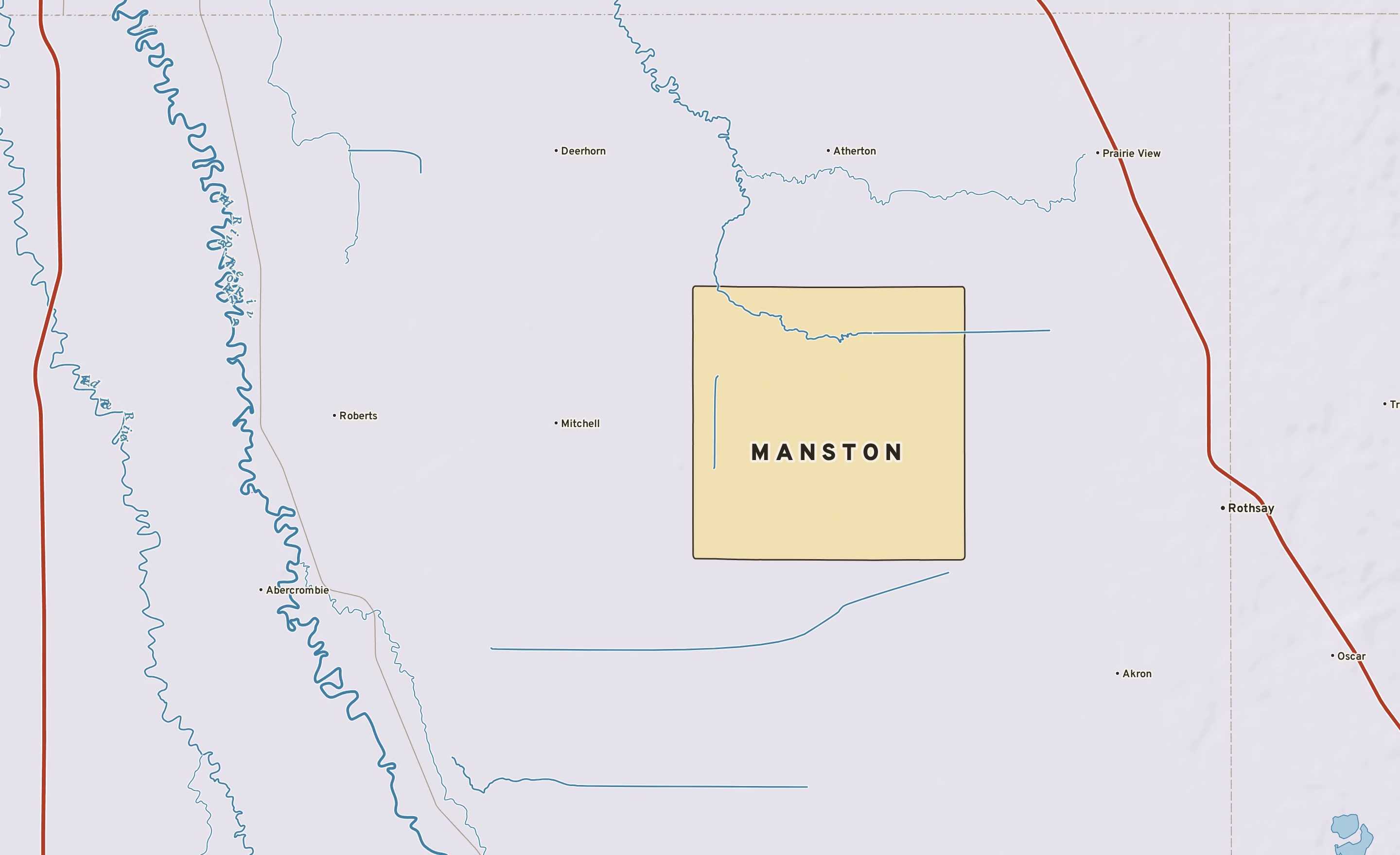 Shaded-relief atlas plate of Manston, Minnesota: rivers, roads, the city limits and where the water drains.