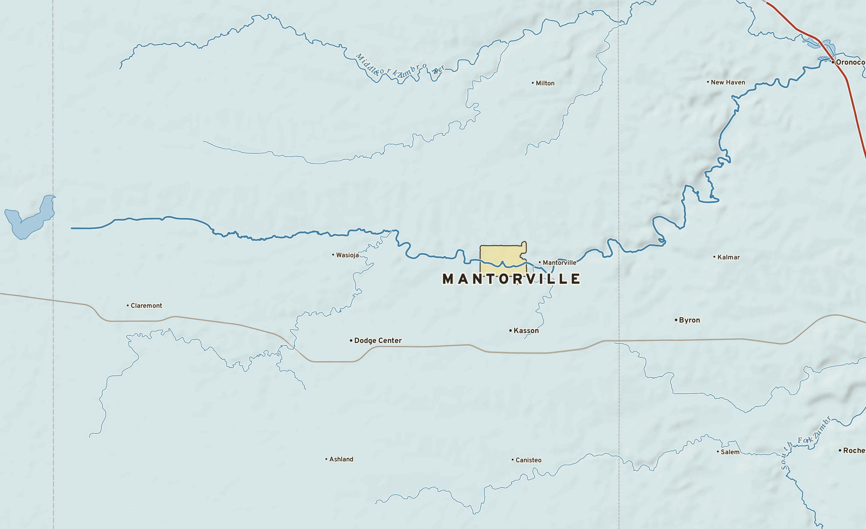 Shaded-relief atlas plate of Mantorville, Minnesota: rivers, roads, the city limits and where the water drains.