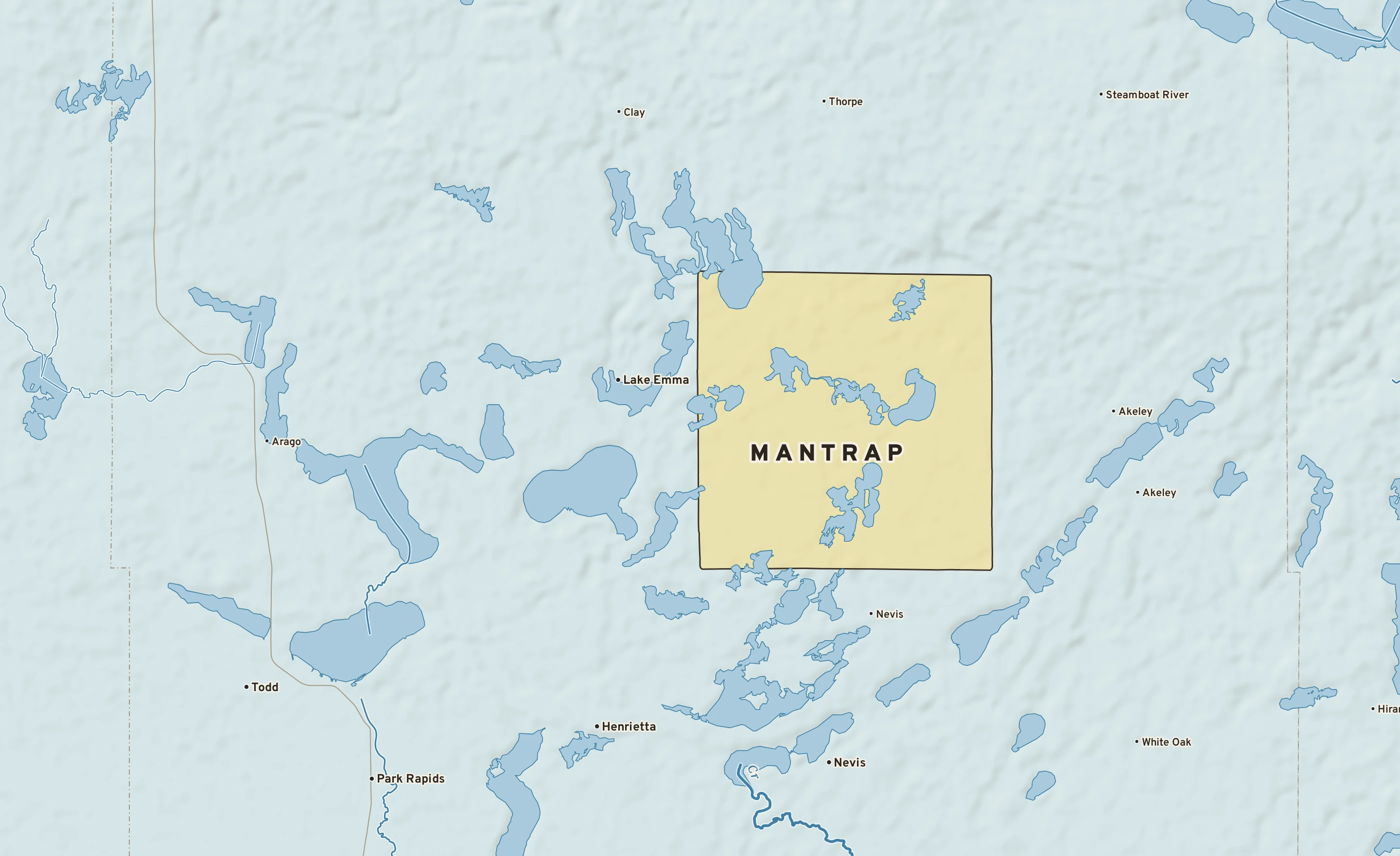 Shaded-relief atlas plate of Mantrap, Minnesota: rivers, roads, the city limits and where the water drains.