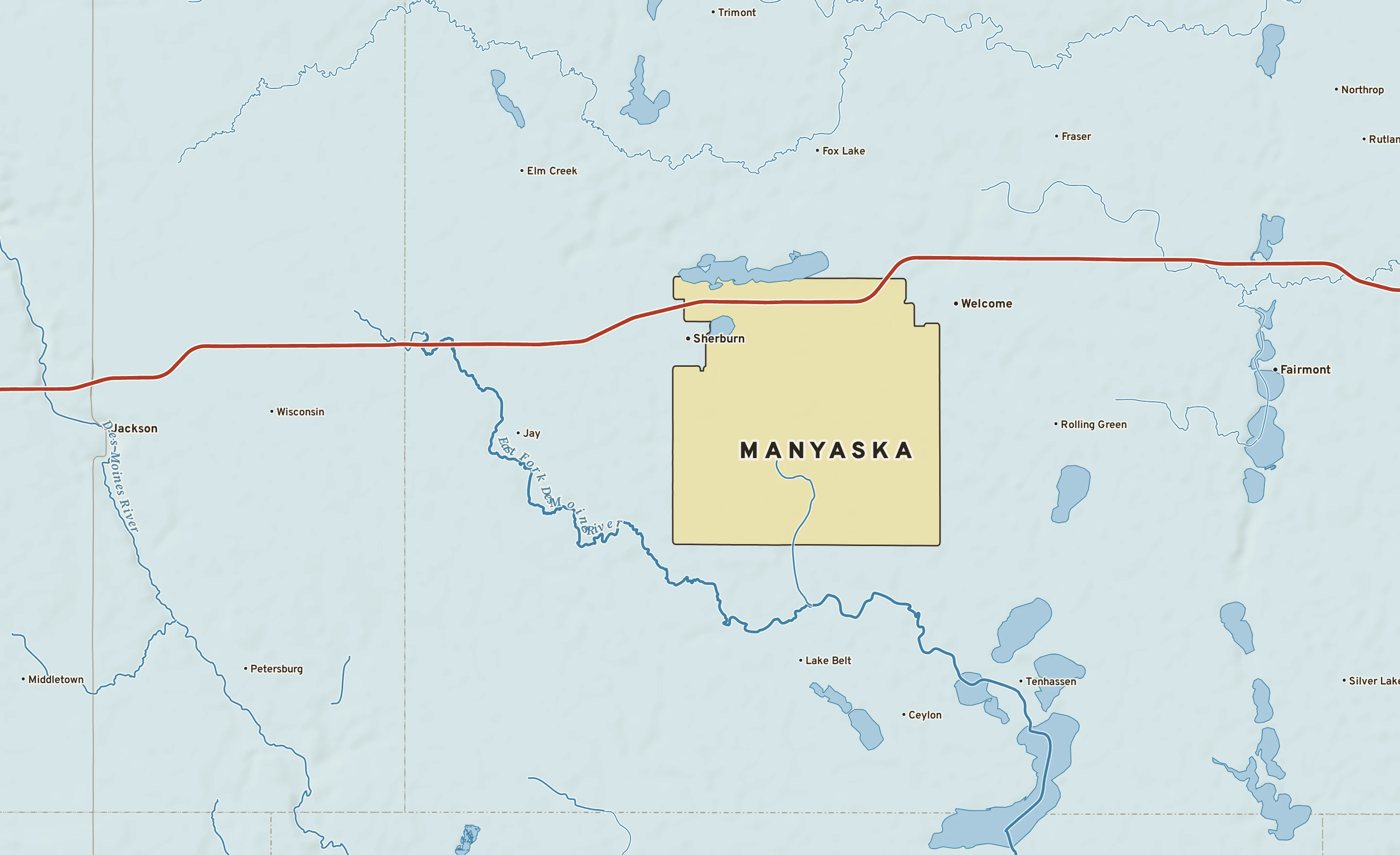 Shaded-relief atlas plate of Manyaska, Minnesota: rivers, roads, the city limits and where the water drains.