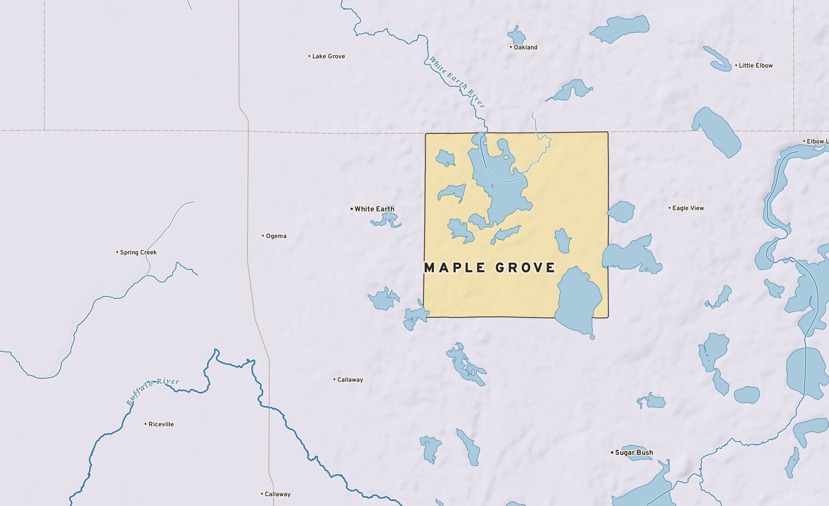 Shaded-relief atlas plate of Maple Grove, Minnesota: rivers, roads, the city limits and where the water drains.