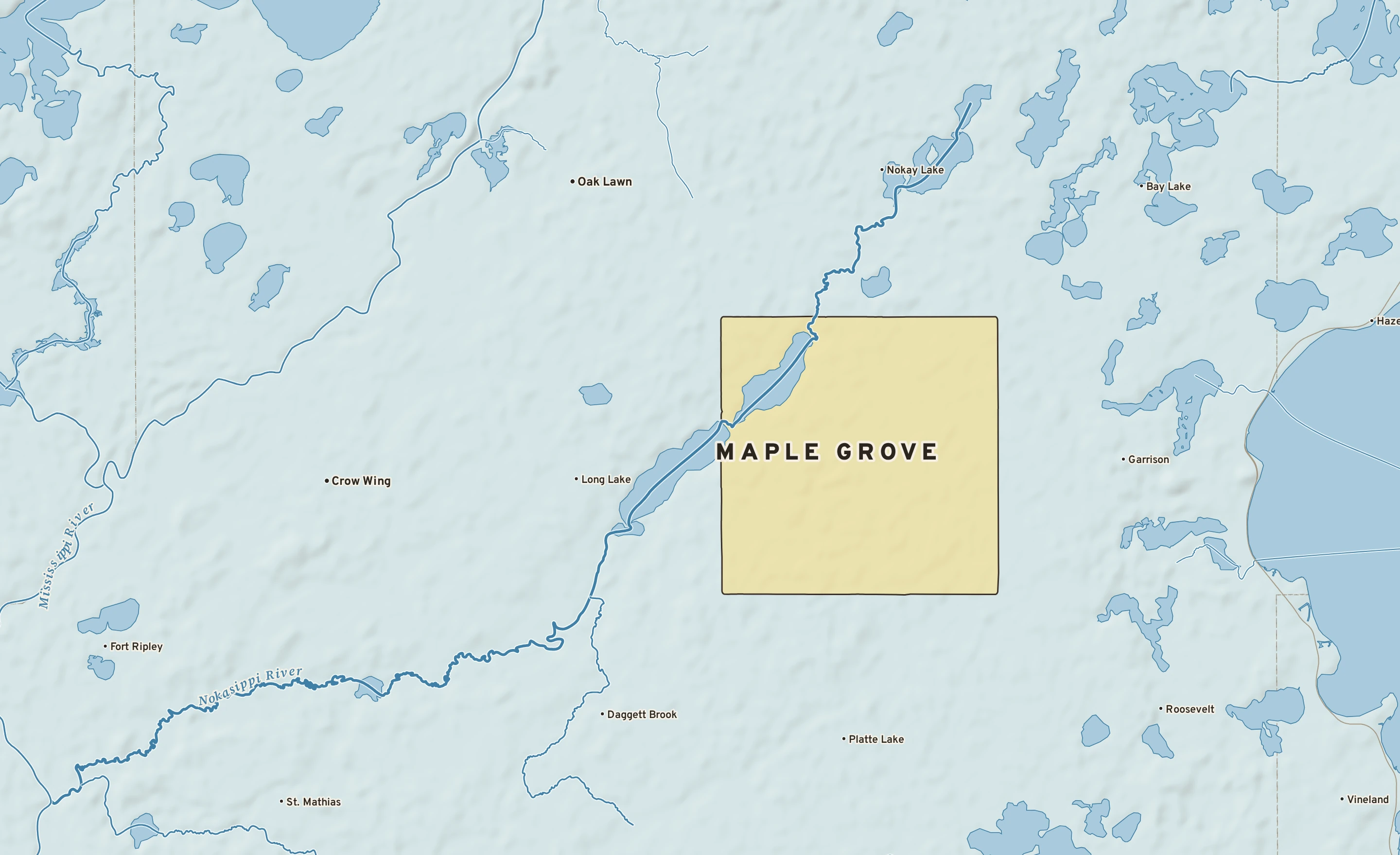 Shaded-relief atlas plate of Maple Grove, Minnesota: rivers, roads, the city limits and where the water drains.