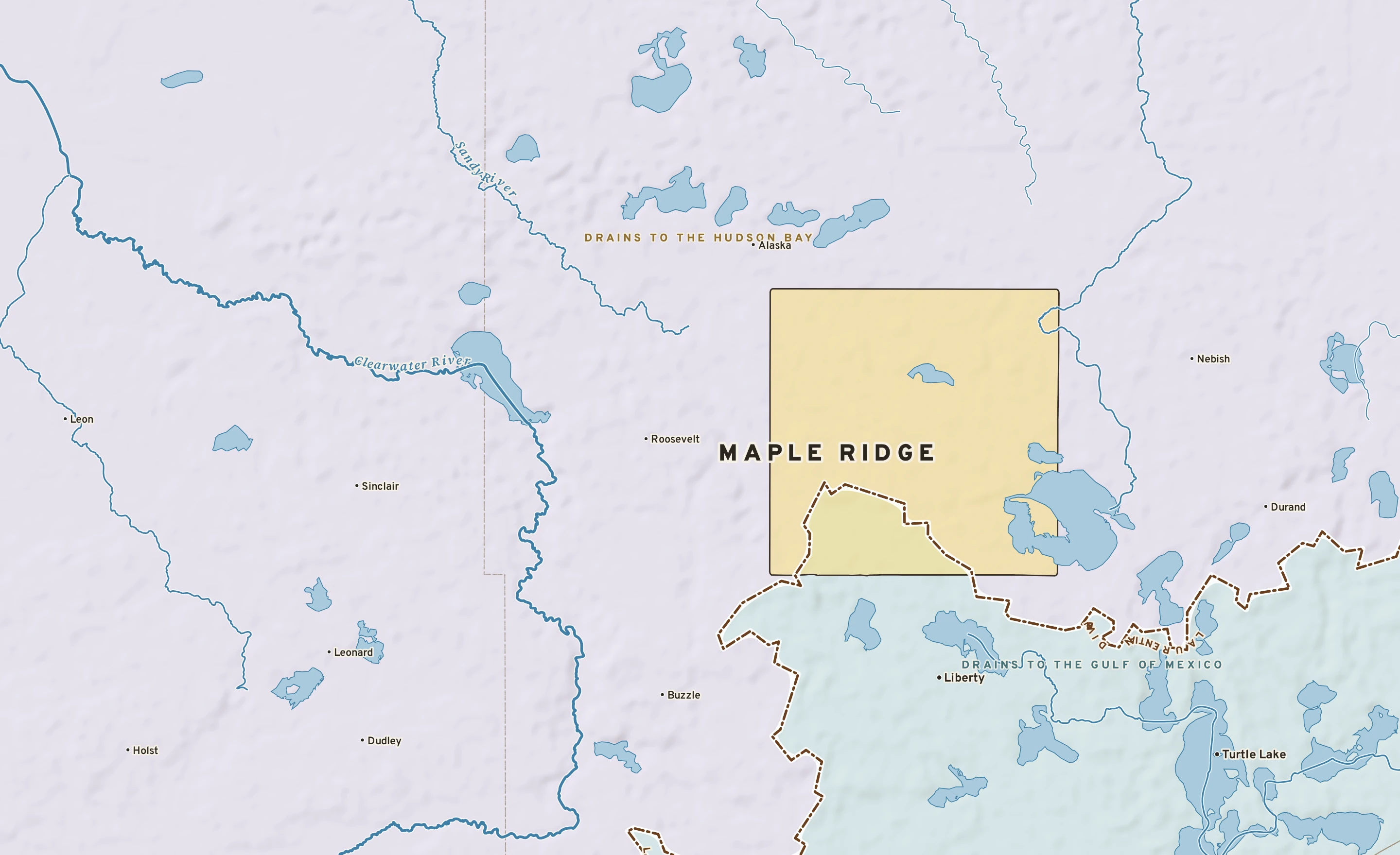 Shaded-relief atlas plate of Maple Ridge, Minnesota: rivers, roads, the city limits and where the water drains.