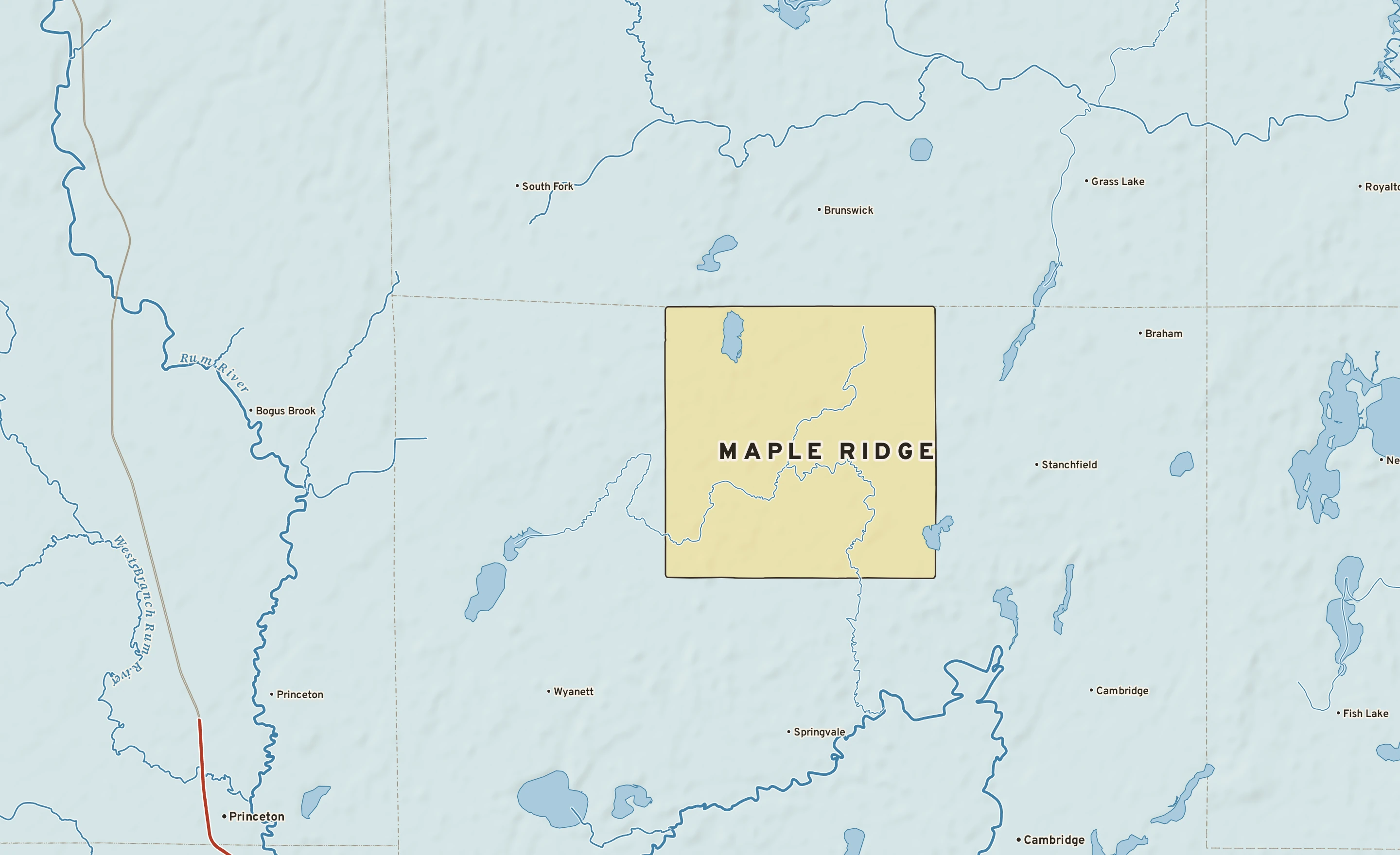 Shaded-relief atlas plate of Maple Ridge, Minnesota: rivers, roads, the city limits and where the water drains.