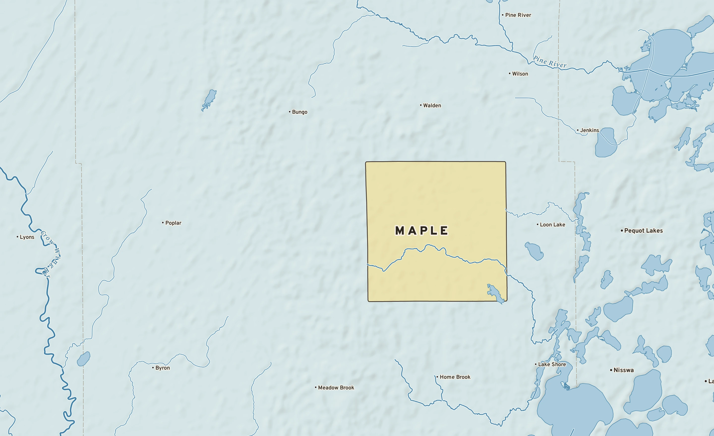 Shaded-relief atlas plate of Maple, Minnesota: rivers, roads, the city limits and where the water drains.