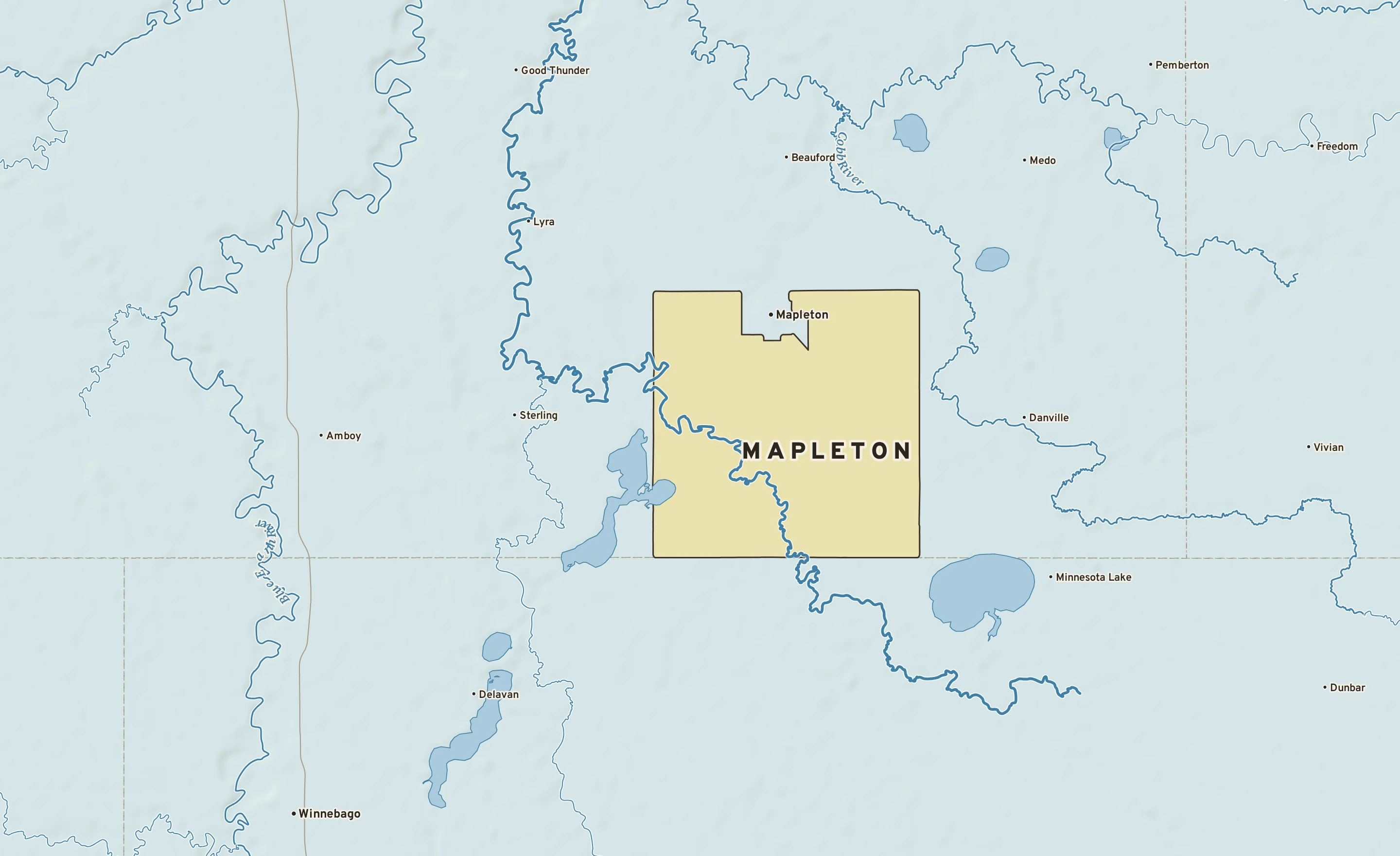 Shaded-relief atlas plate of Mapleton, Minnesota: rivers, roads, the city limits and where the water drains.