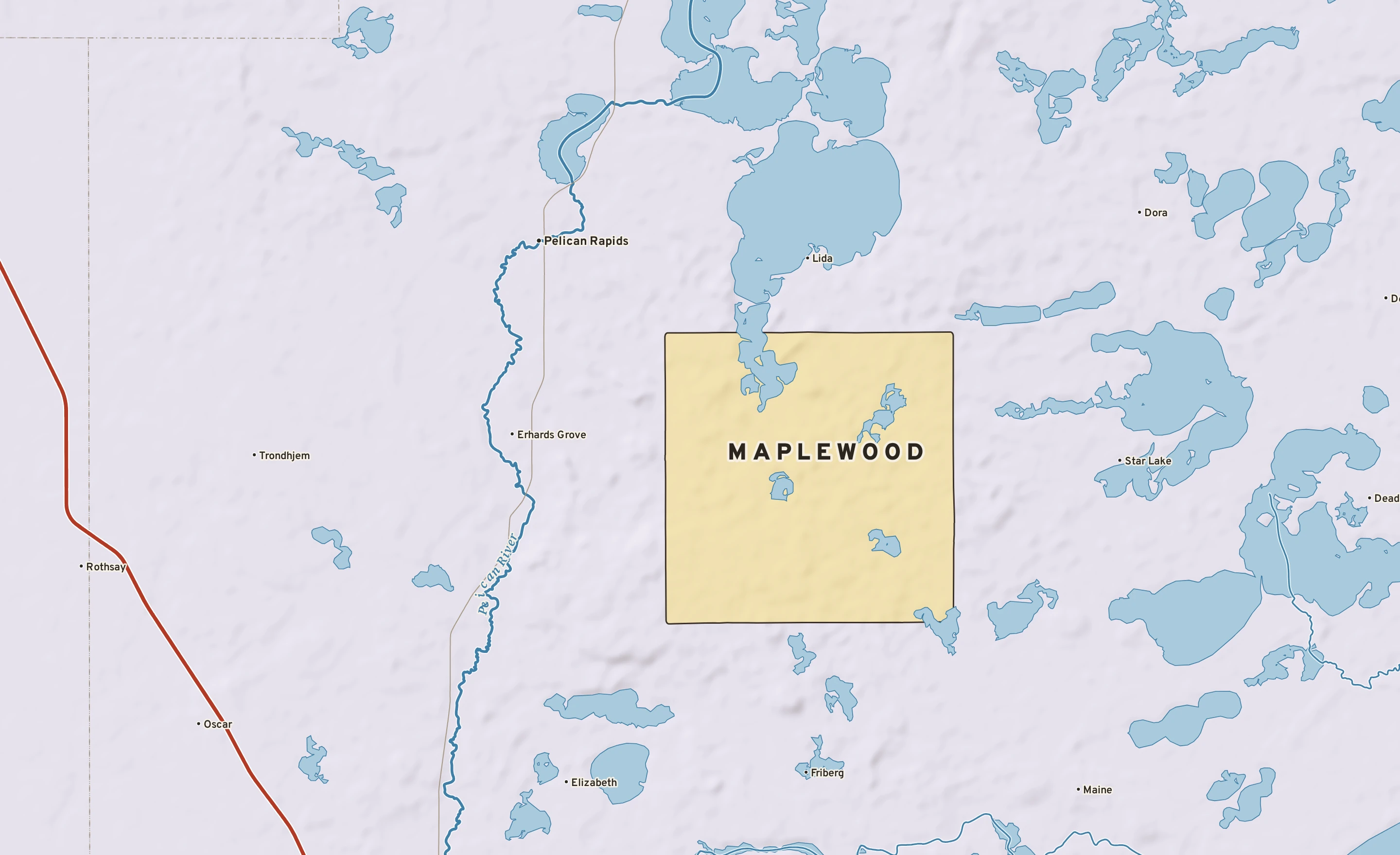 Shaded-relief atlas plate of Maplewood, Minnesota: rivers, roads, the city limits and where the water drains.
