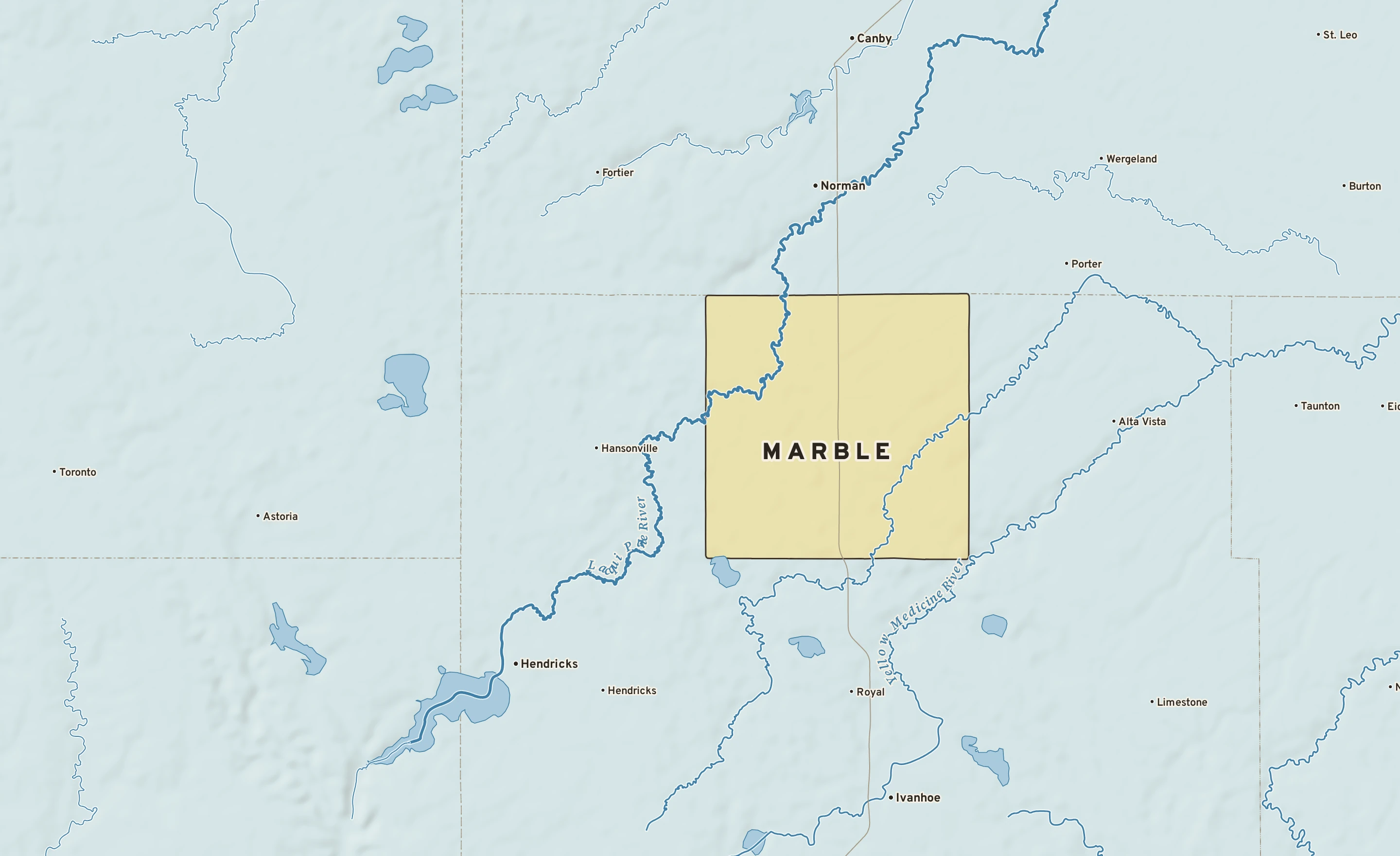 Shaded-relief atlas plate of Marble, Minnesota: rivers, roads, the city limits and where the water drains.