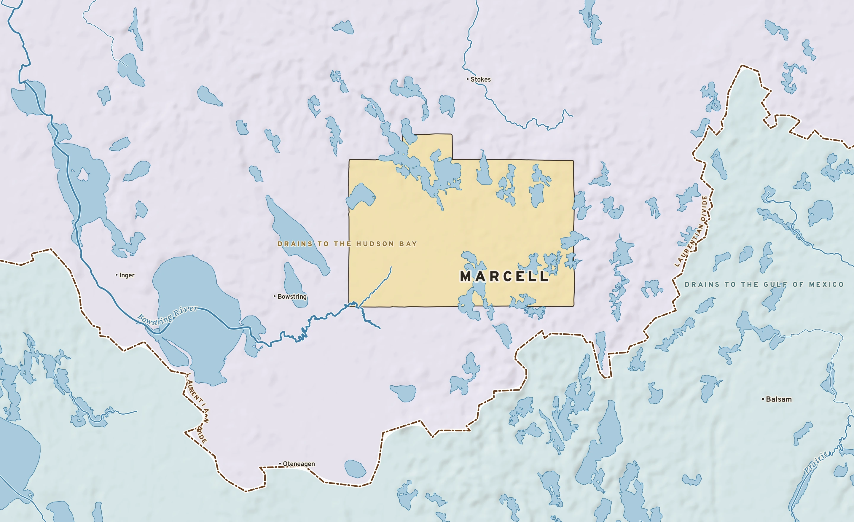 Shaded-relief atlas plate of Marcell, Minnesota: rivers, roads, the city limits and where the water drains.