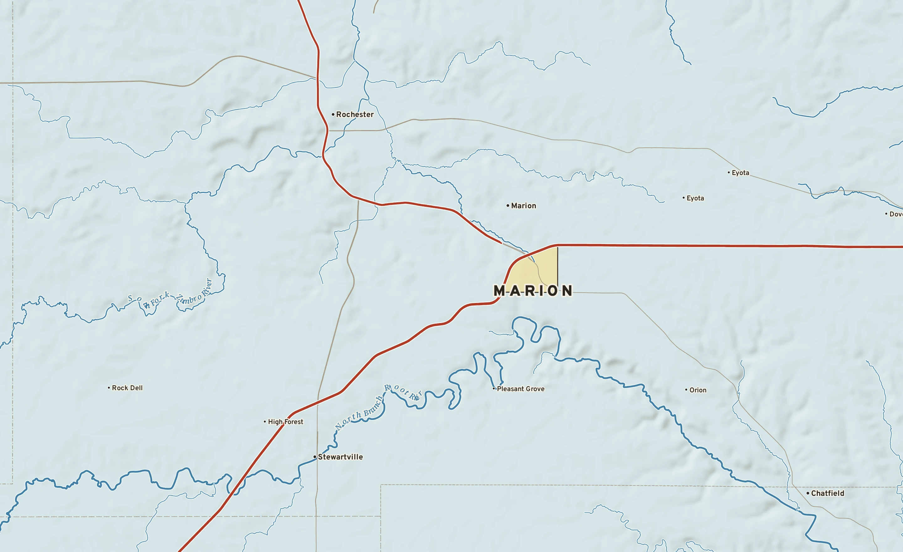 Shaded-relief atlas plate of Marion, Minnesota: rivers, roads, the city limits and where the water drains.