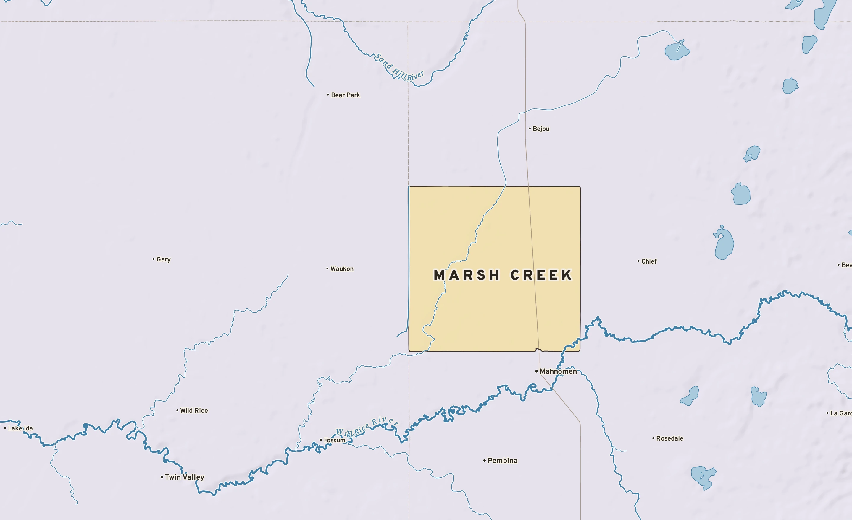 Shaded-relief atlas plate of Marsh Creek, Minnesota: rivers, roads, the city limits and where the water drains.