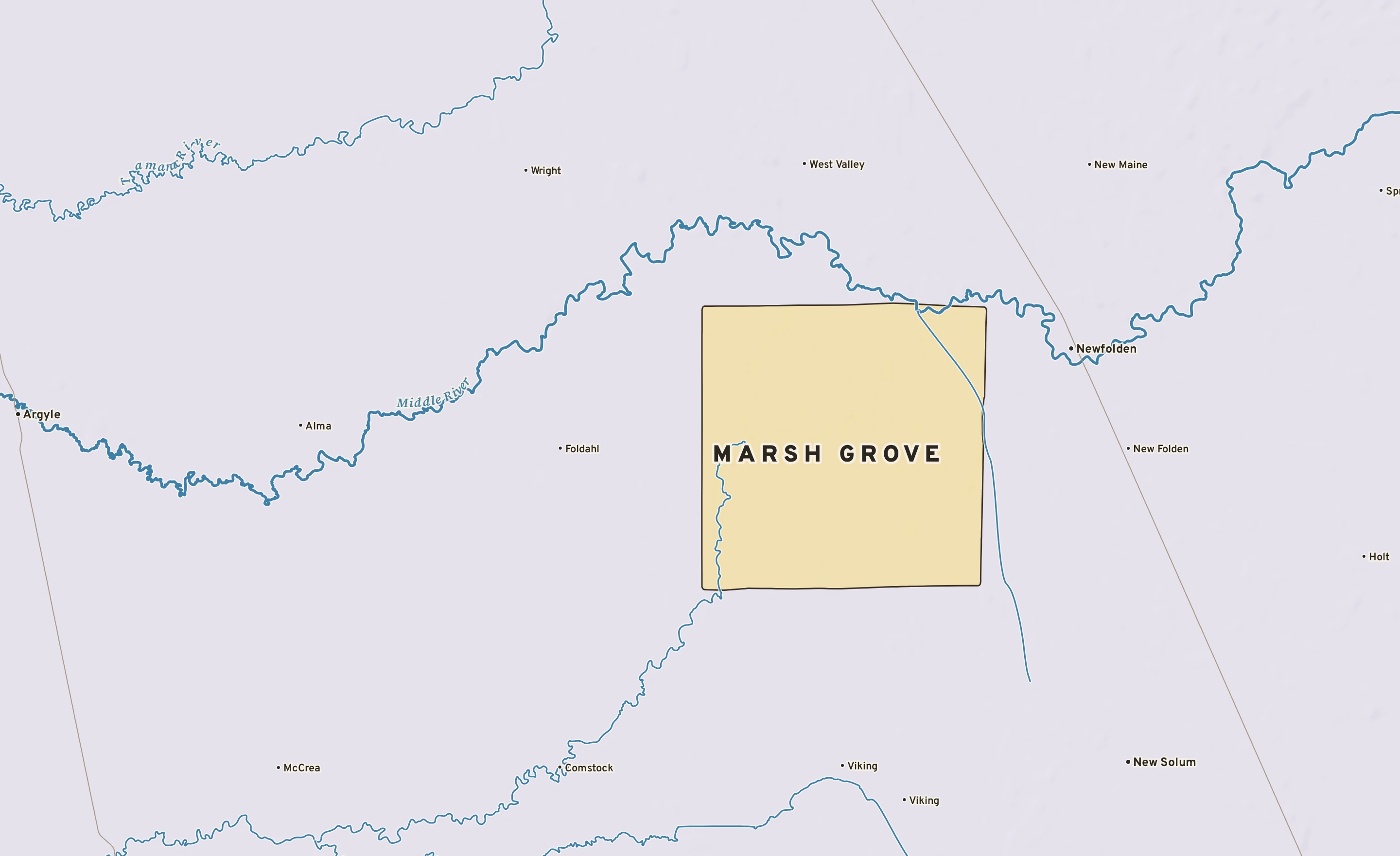 Shaded-relief atlas plate of Marsh Grove, Minnesota: rivers, roads, the city limits and where the water drains.