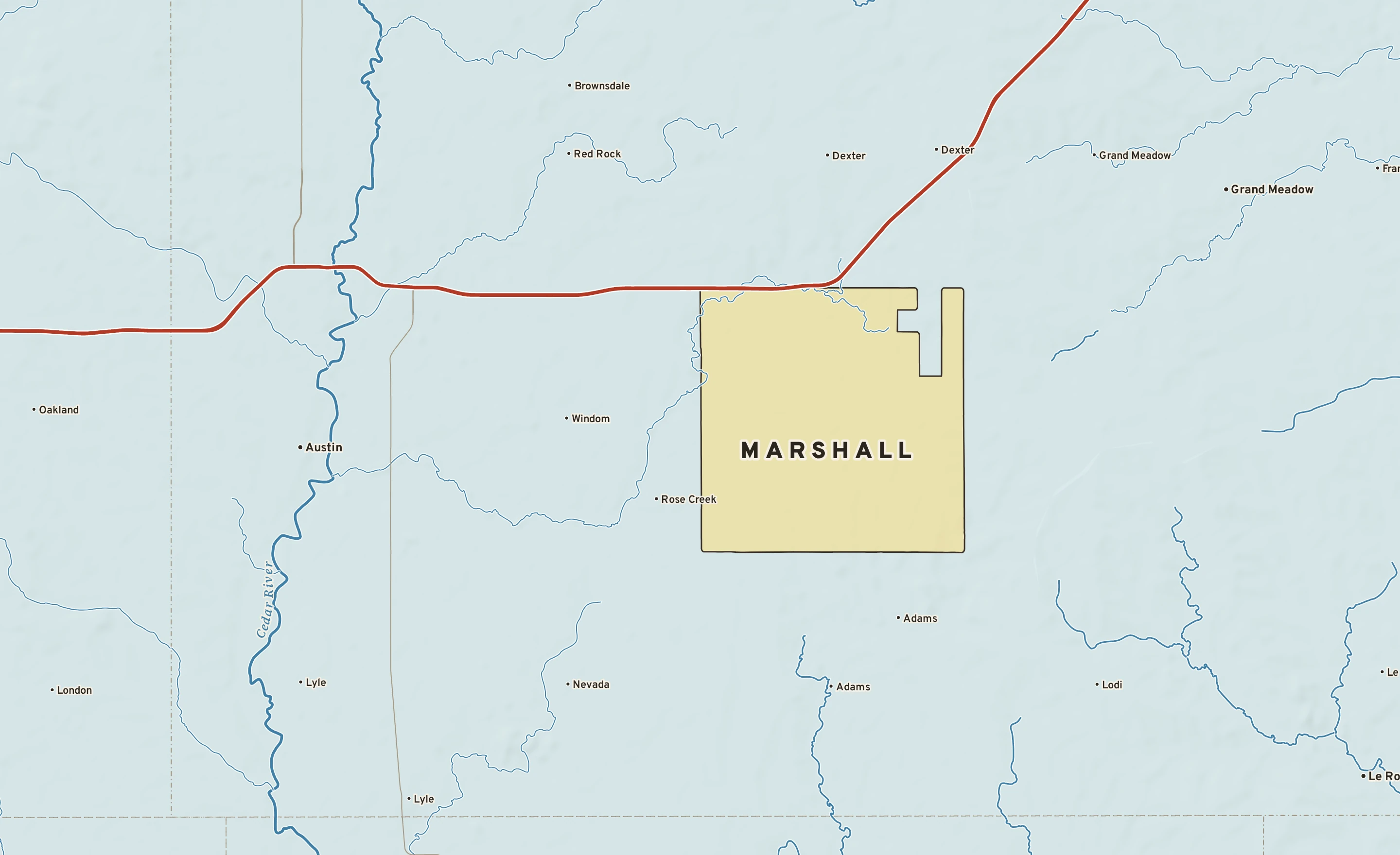 Shaded-relief atlas plate of Marshall, Minnesota: rivers, roads, the city limits and where the water drains.