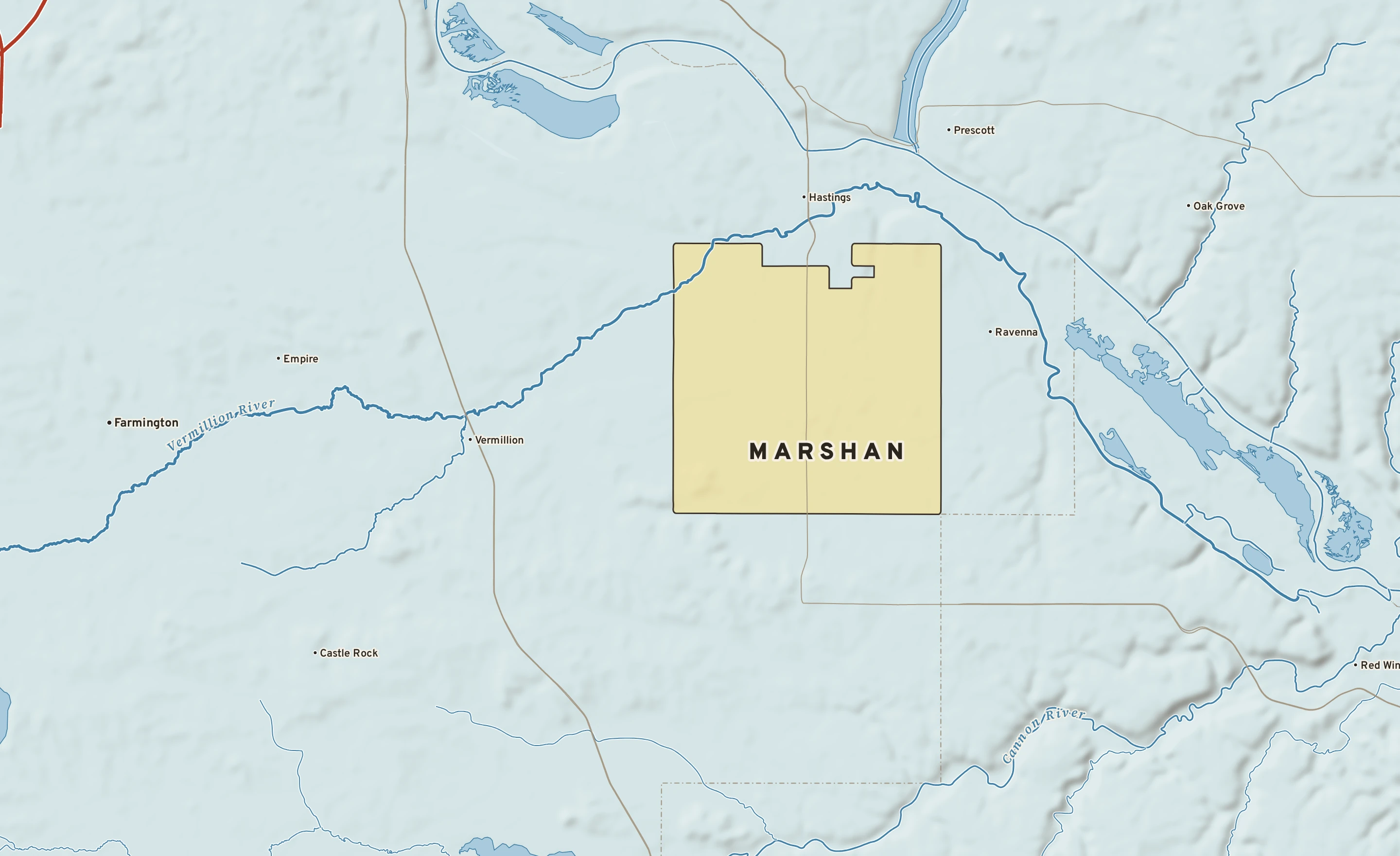 Shaded-relief atlas plate of Marshan, Minnesota: rivers, roads, the city limits and where the water drains.