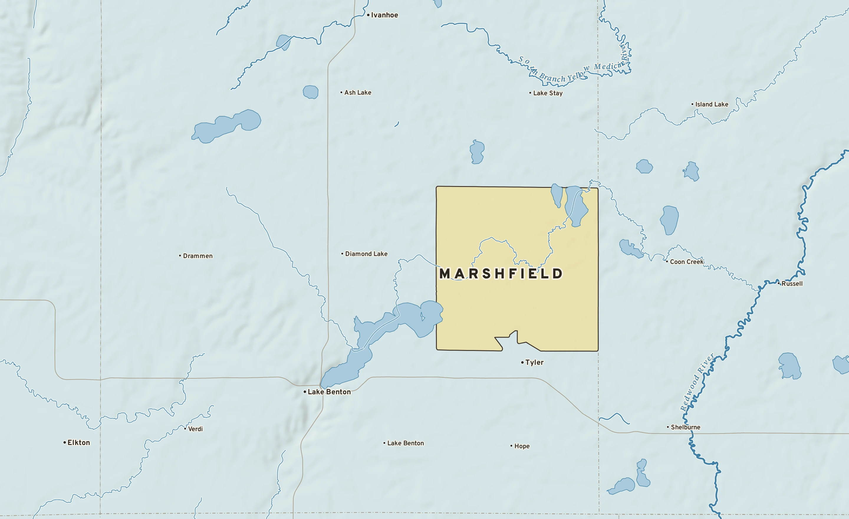 Shaded-relief atlas plate of Marshfield, Minnesota: rivers, roads, the city limits and where the water drains.