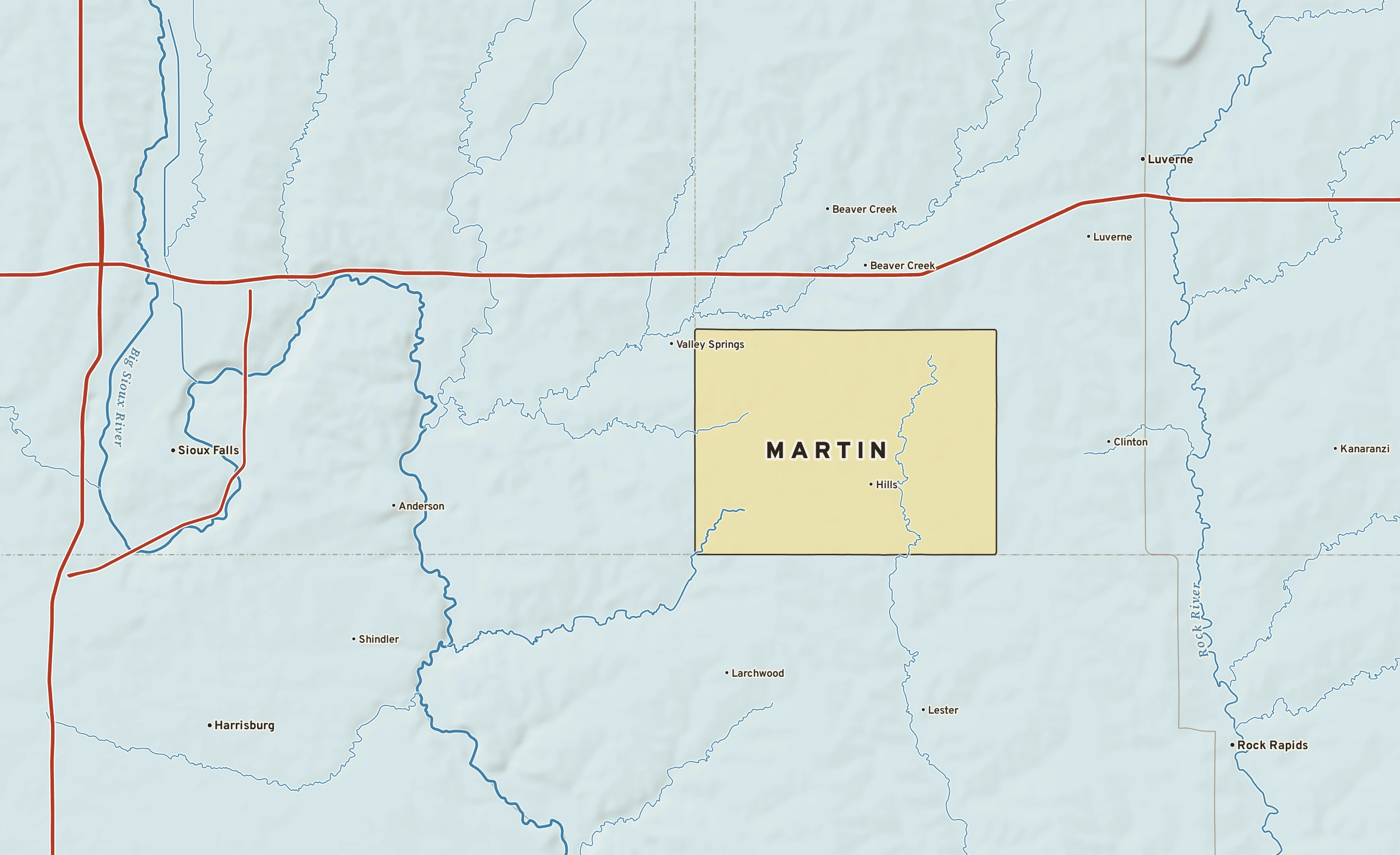 Shaded-relief atlas plate of Martin, Minnesota: rivers, roads, the city limits and where the water drains.