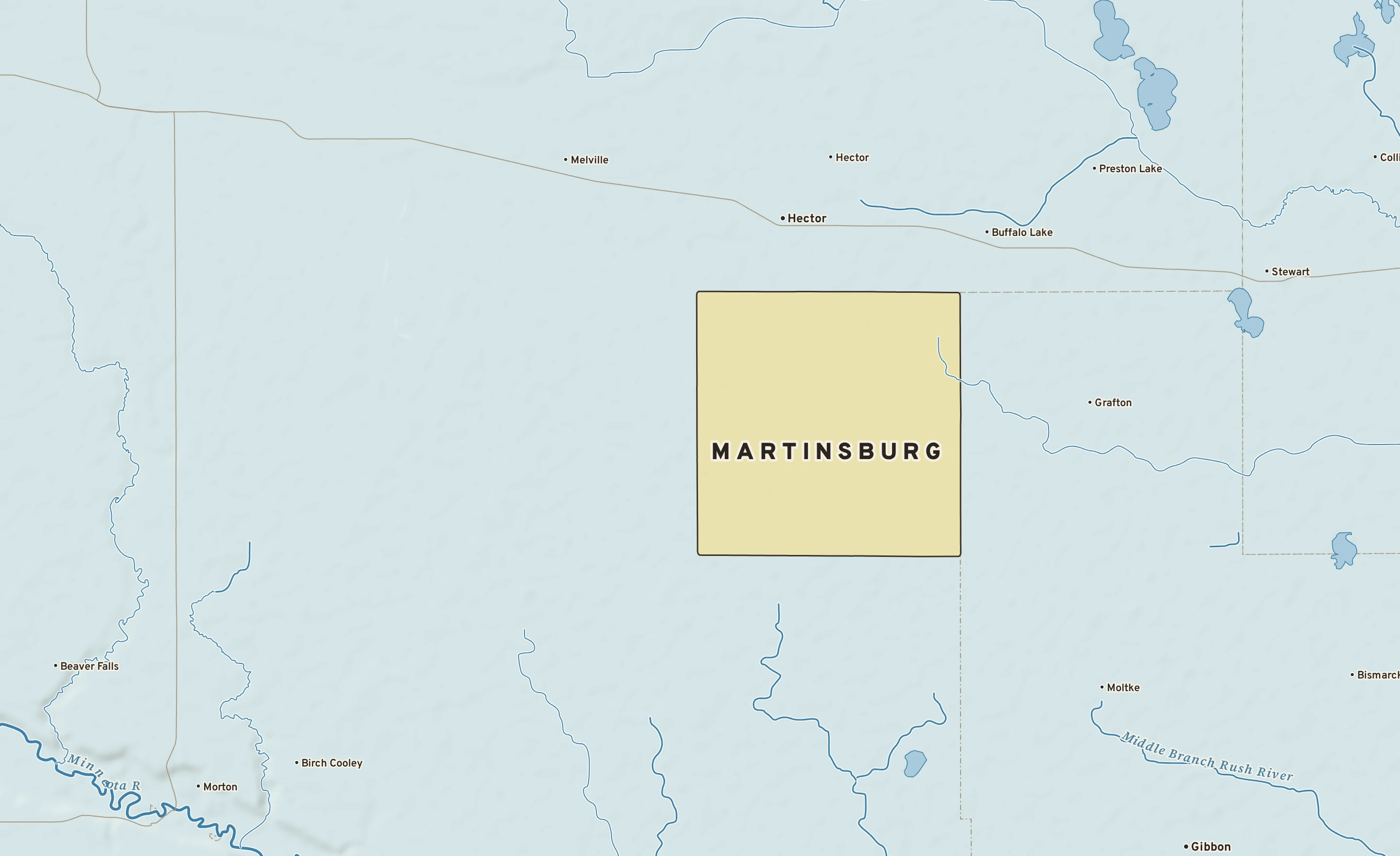 Shaded-relief atlas plate of Martinsburg, Minnesota: rivers, roads, the city limits and where the water drains.
