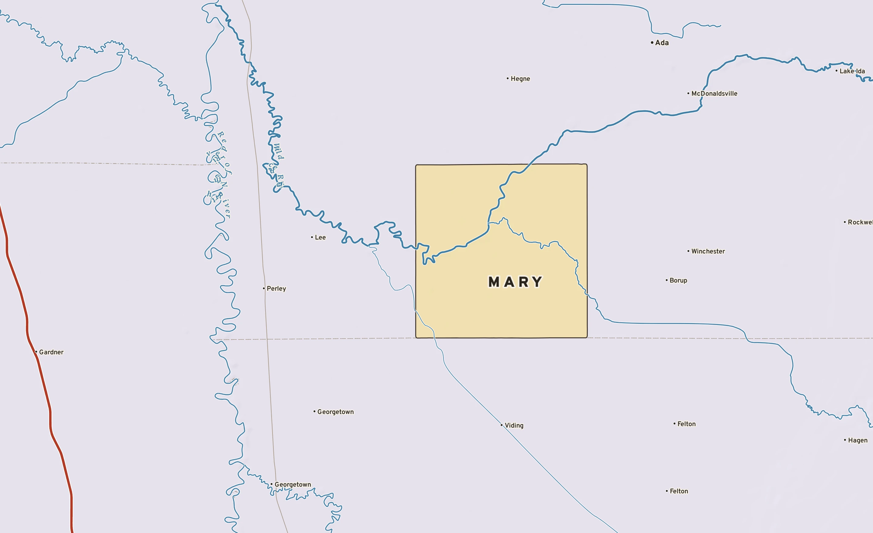 Shaded-relief atlas plate of Mary, Minnesota: rivers, roads, the city limits and where the water drains.