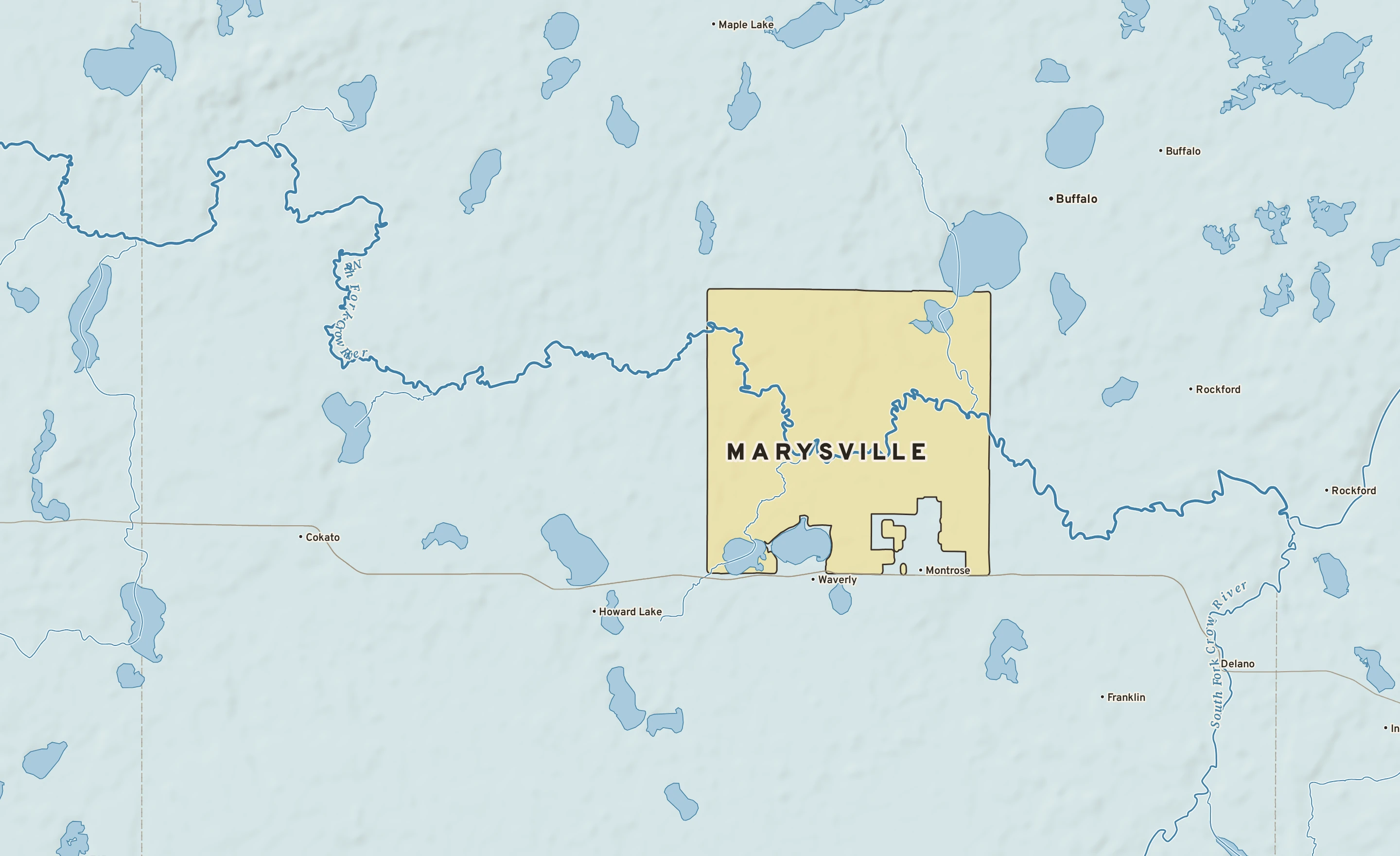 Shaded-relief atlas plate of Marysville, Minnesota: rivers, roads, the city limits and where the water drains.