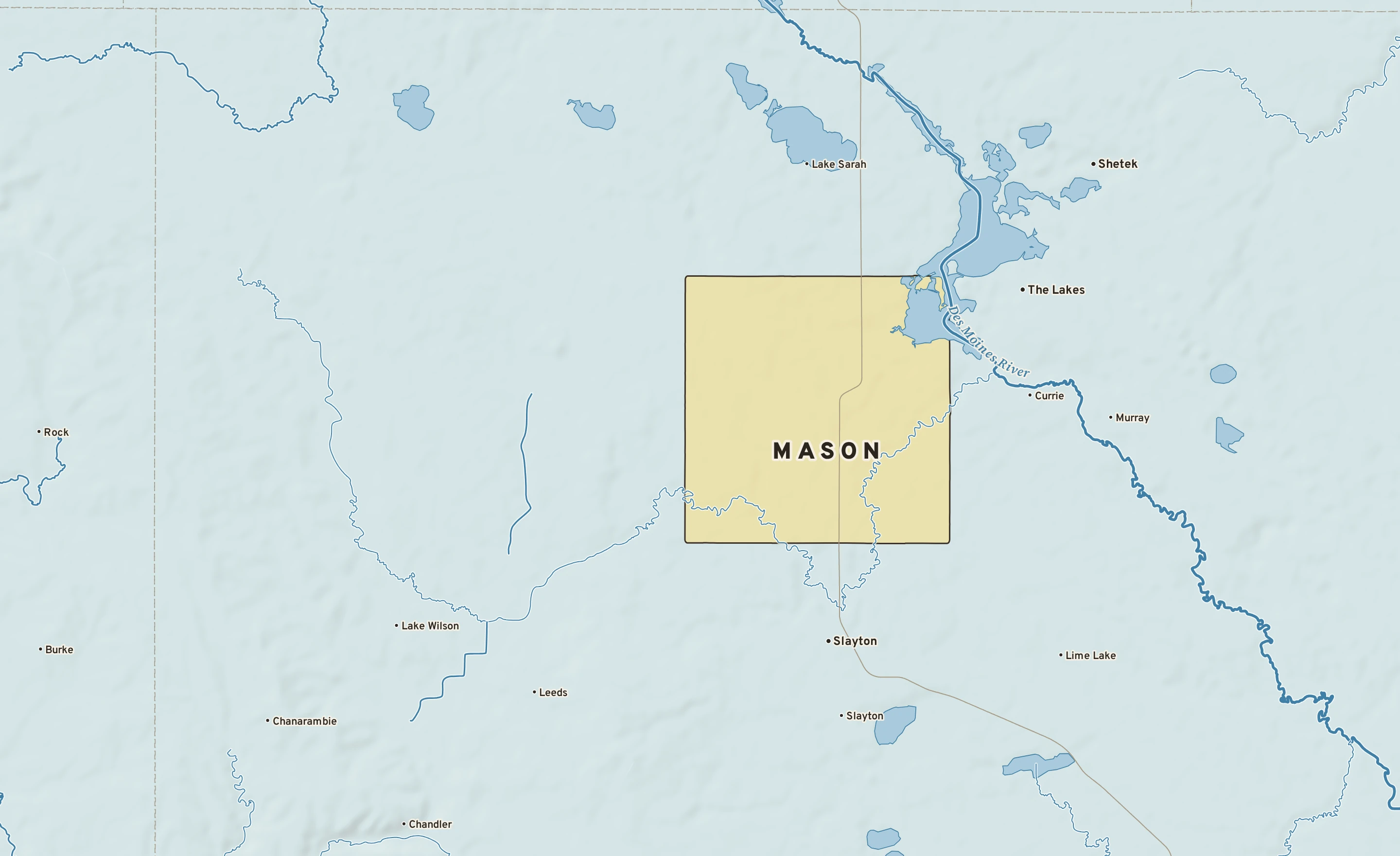 Shaded-relief atlas plate of Mason, Minnesota: rivers, roads, the city limits and where the water drains.