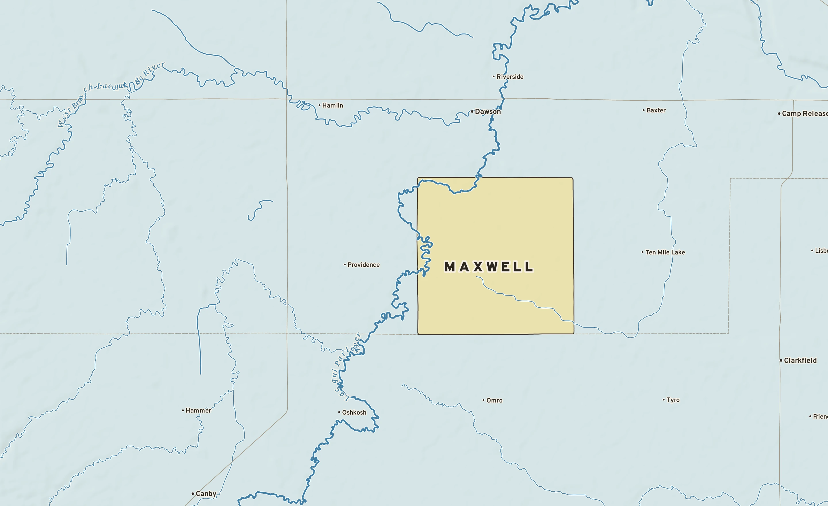 Shaded-relief atlas plate of Maxwell, Minnesota: rivers, roads, the city limits and where the water drains.