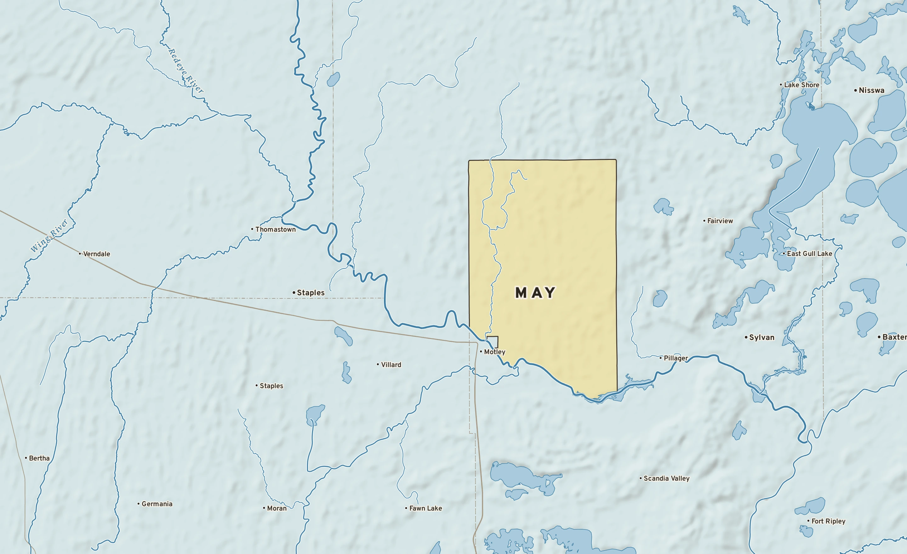 Shaded-relief atlas plate of May, Minnesota: rivers, roads, the city limits and where the water drains.