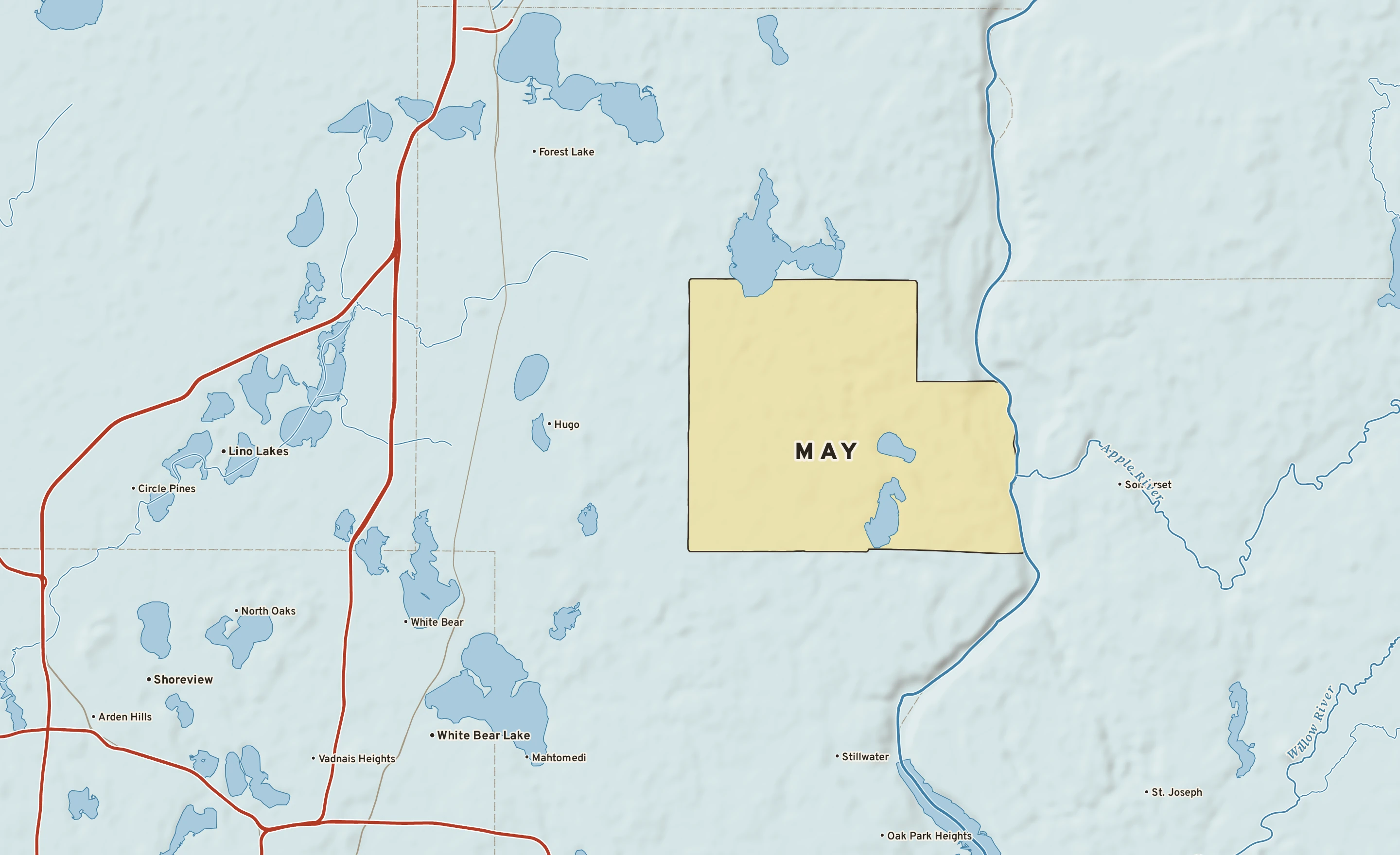 Shaded-relief atlas plate of May, Minnesota: rivers, roads, the city limits and where the water drains.