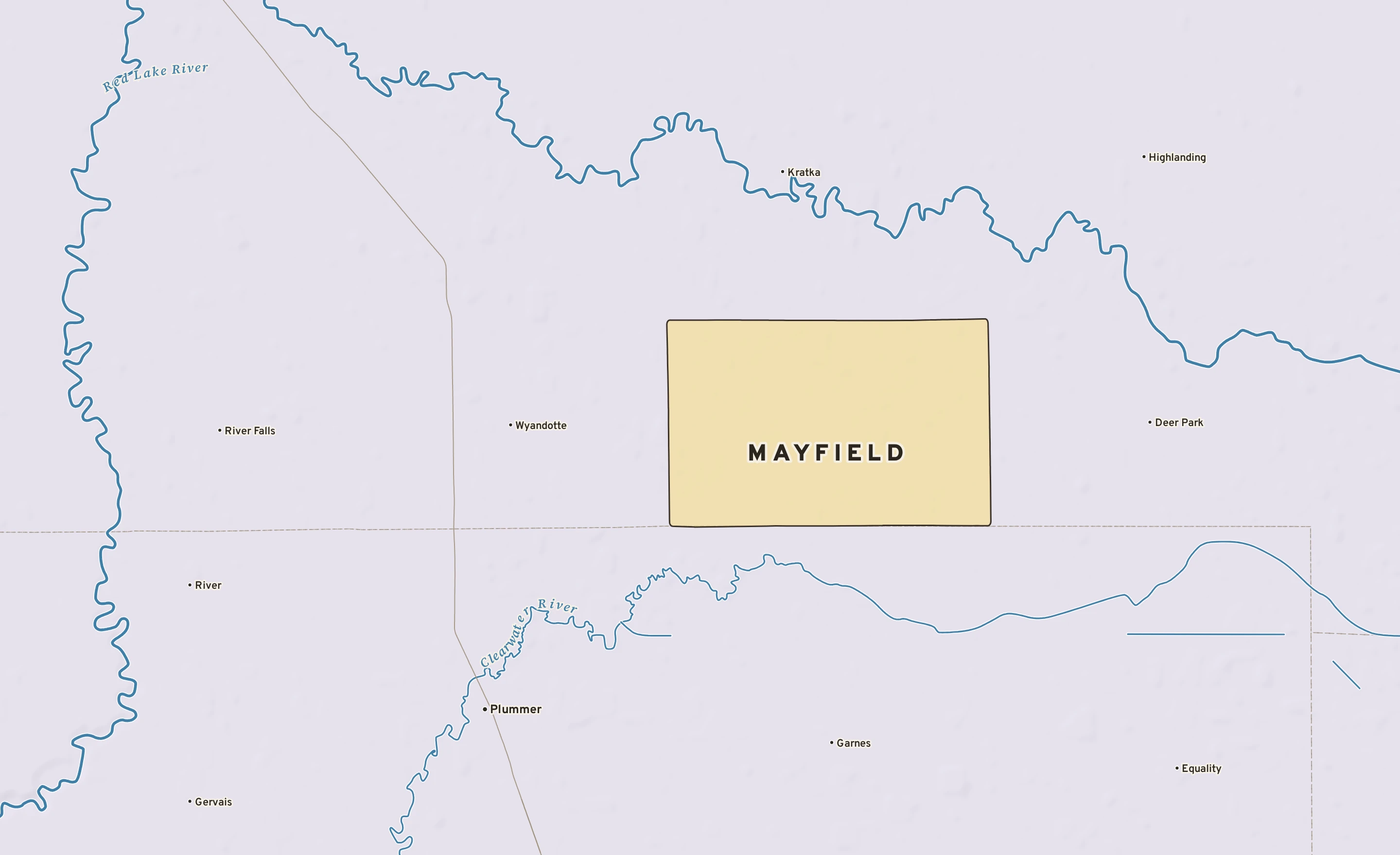 Shaded-relief atlas plate of Mayfield, Minnesota: rivers, roads, the city limits and where the water drains.