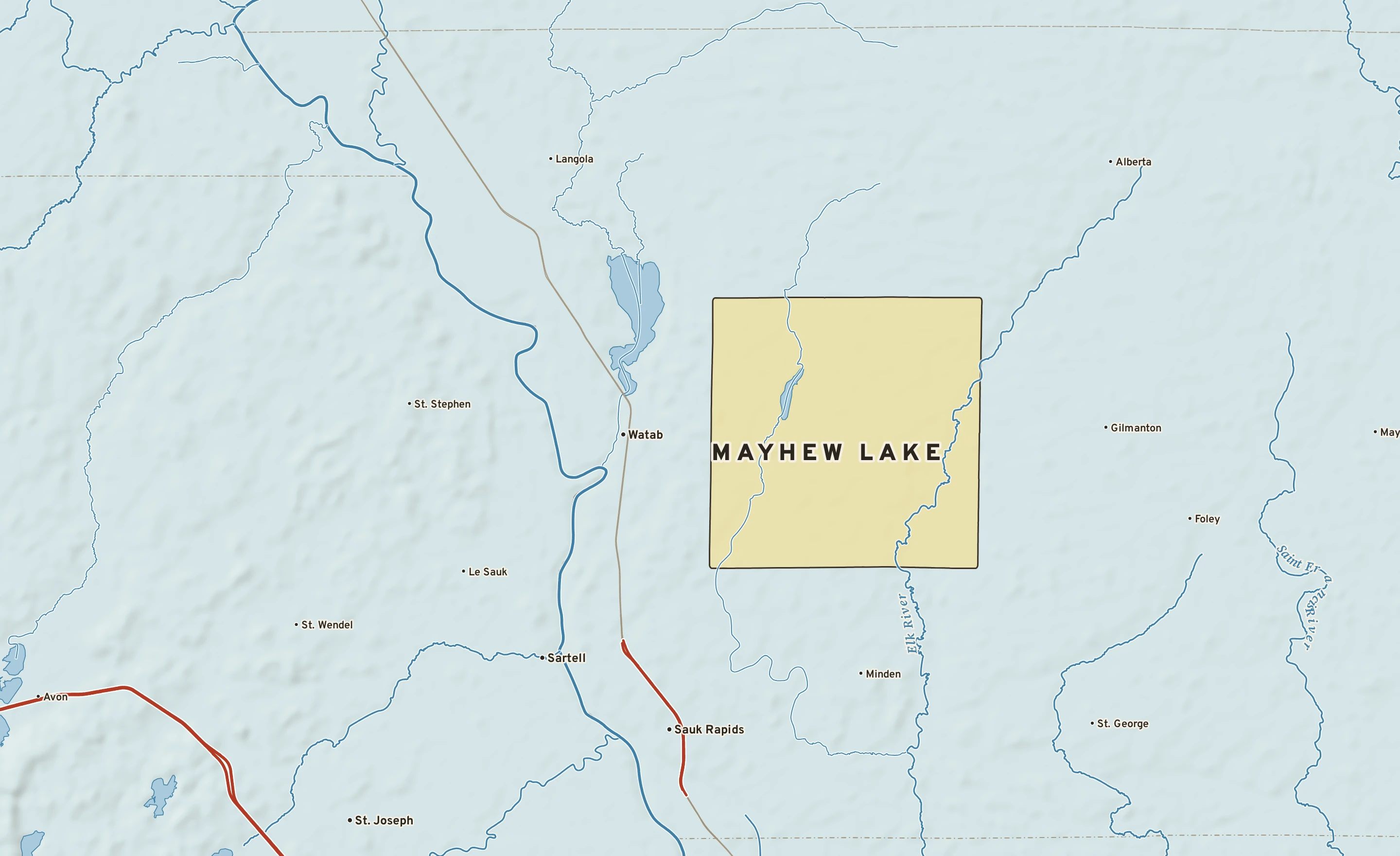 Shaded-relief atlas plate of Mayhew Lake, Minnesota: rivers, roads, the city limits and where the water drains.
