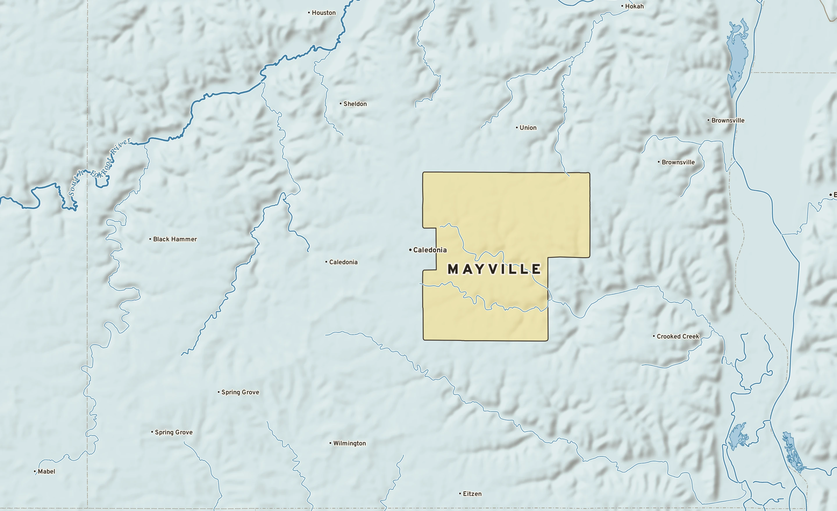 Shaded-relief atlas plate of Mayville, Minnesota: rivers, roads, the city limits and where the water drains.