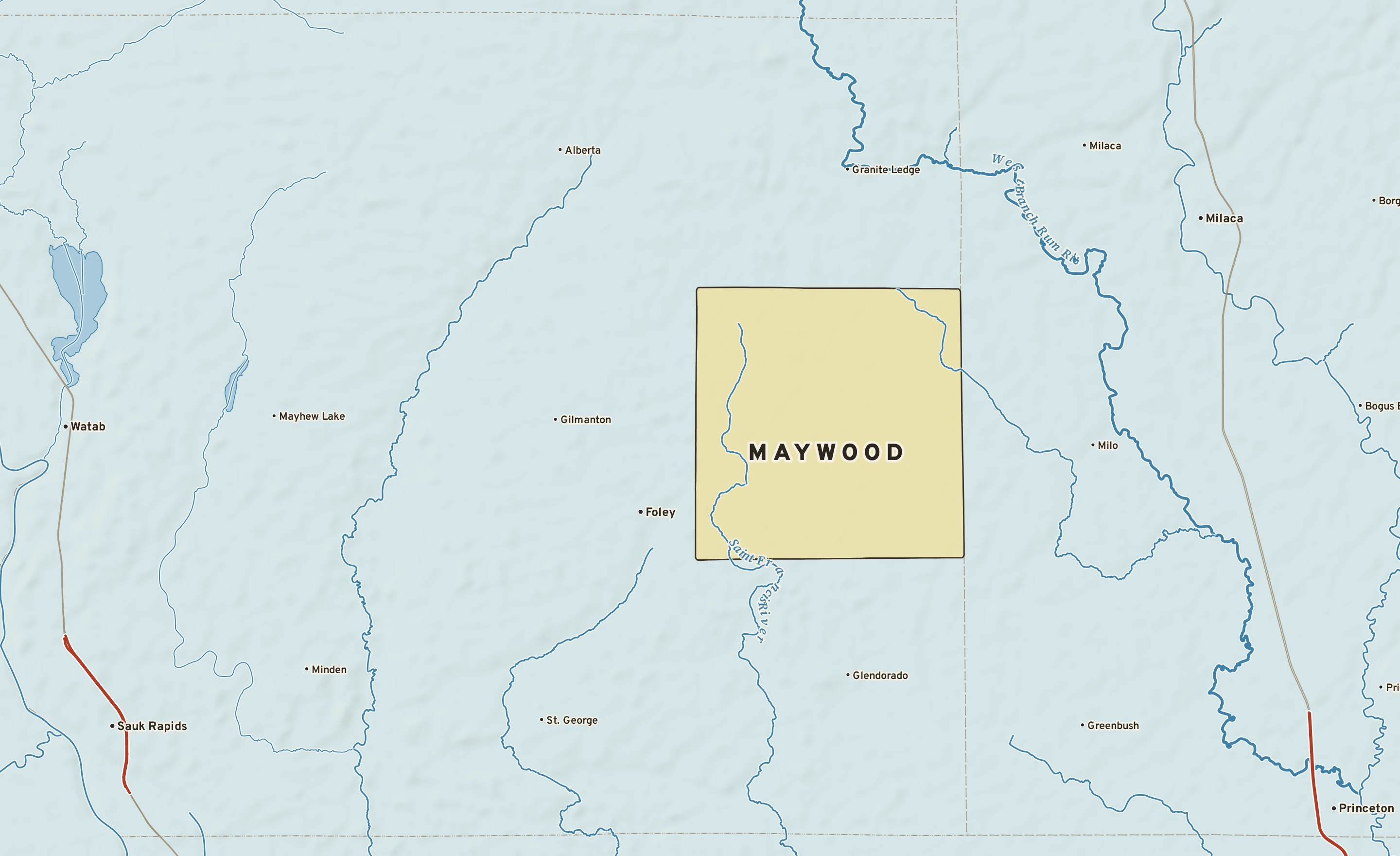 Shaded-relief atlas plate of Maywood, Minnesota: rivers, roads, the city limits and where the water drains.