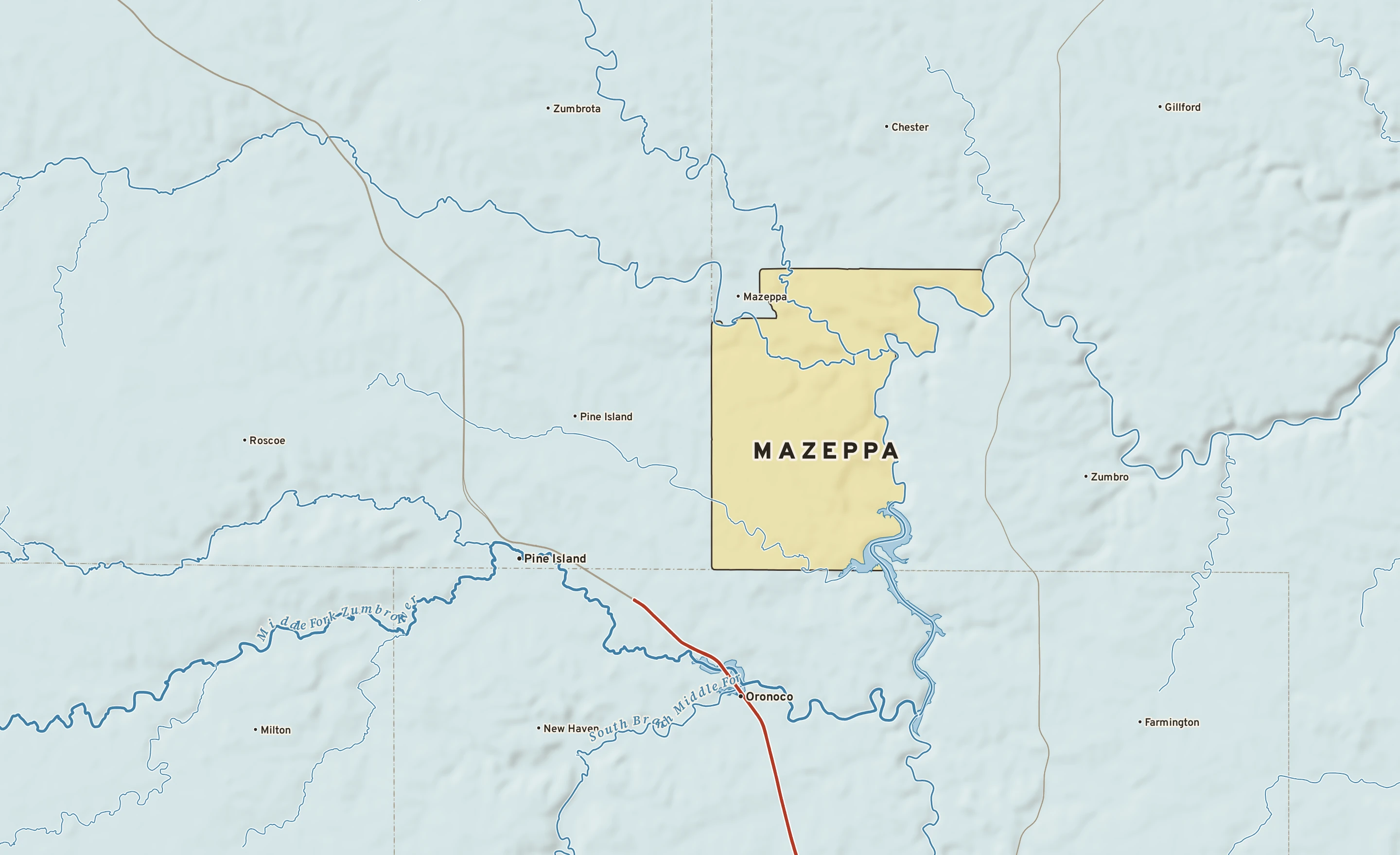 Shaded-relief atlas plate of Mazeppa, Minnesota: rivers, roads, the city limits and where the water drains.