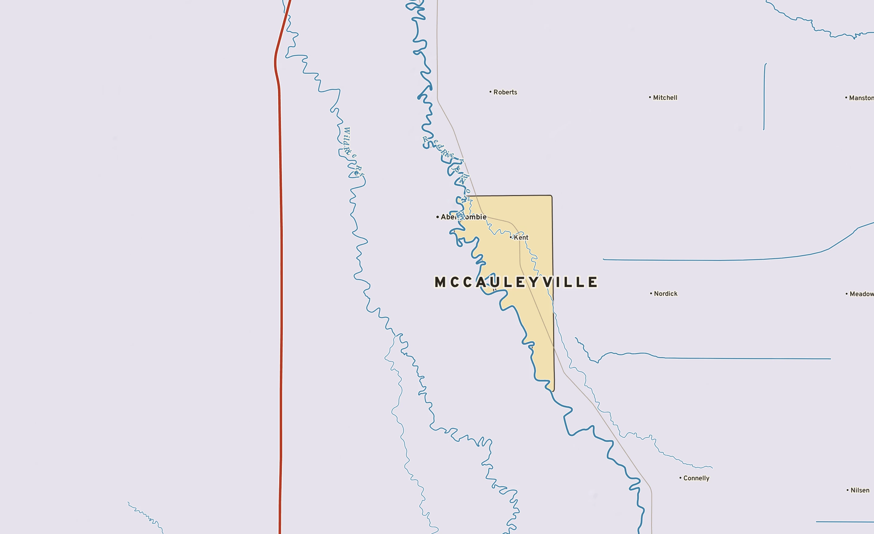 Shaded-relief atlas plate of McCauleyville, Minnesota: rivers, roads, the city limits and where the water drains.