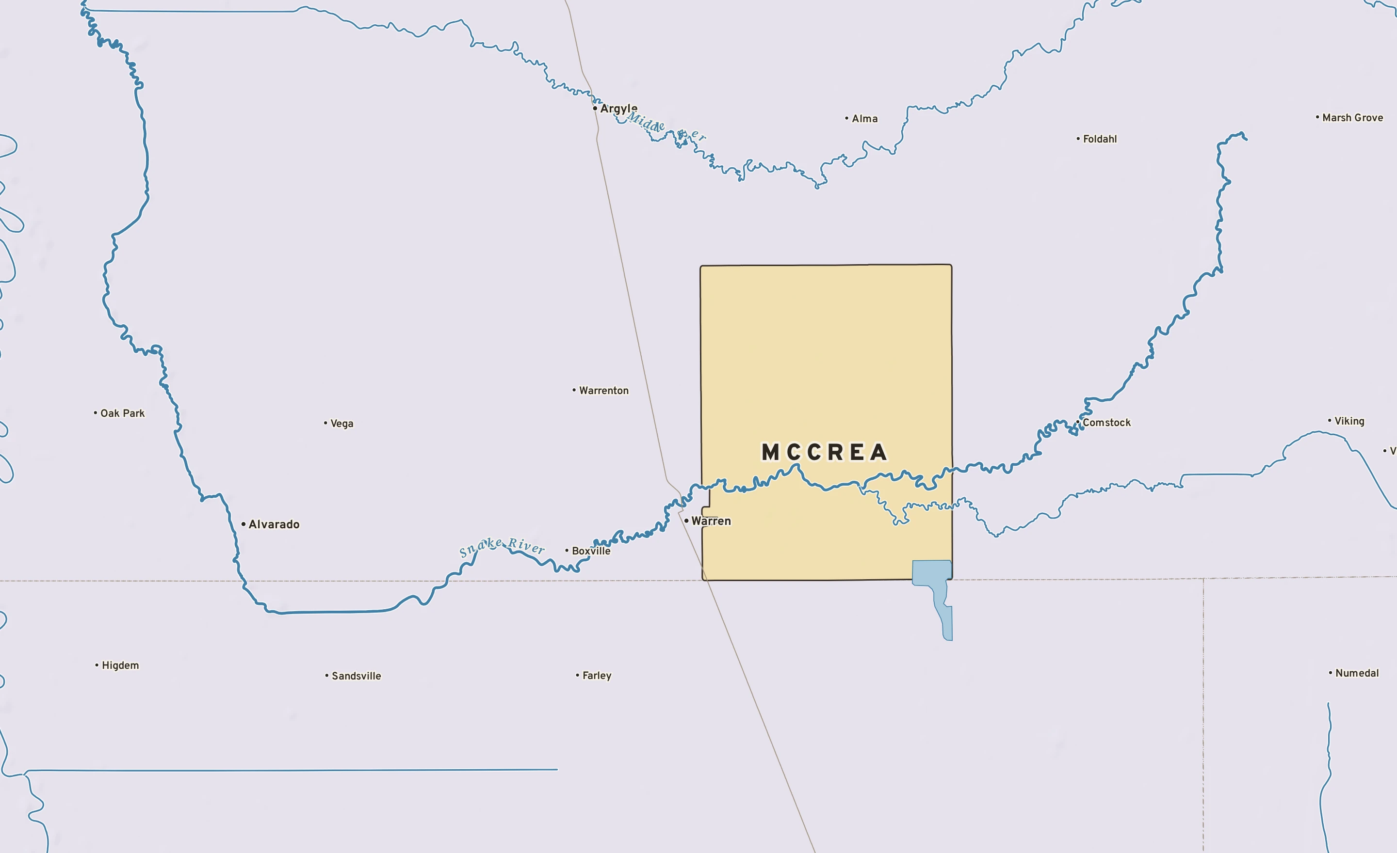 Shaded-relief atlas plate of McCrea, Minnesota: rivers, roads, the city limits and where the water drains.