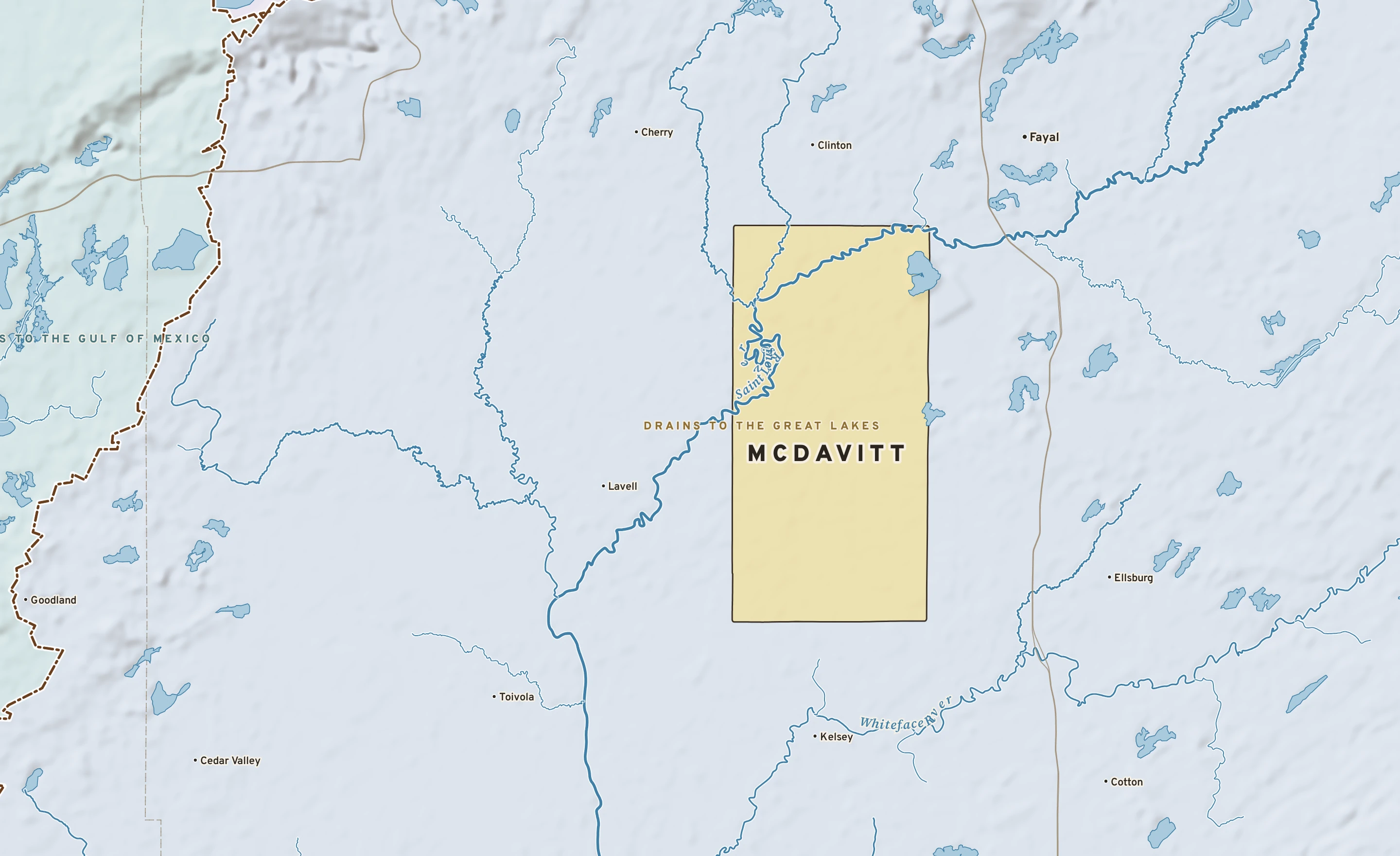 Shaded-relief atlas plate of McDavitt, Minnesota: rivers, roads, the city limits and where the water drains.