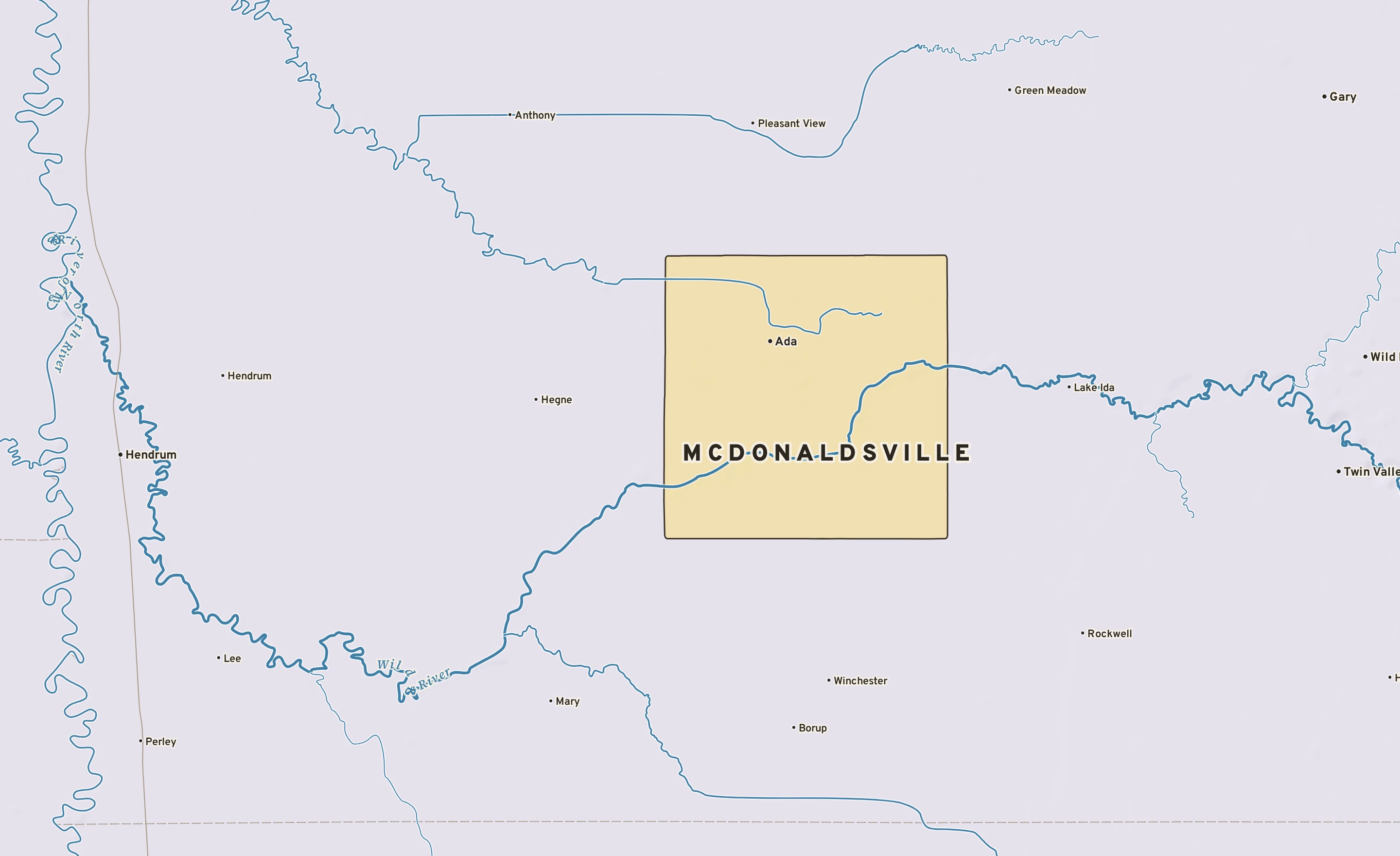 Shaded-relief atlas plate of McDonaldsville, Minnesota: rivers, roads, the city limits and where the water drains.