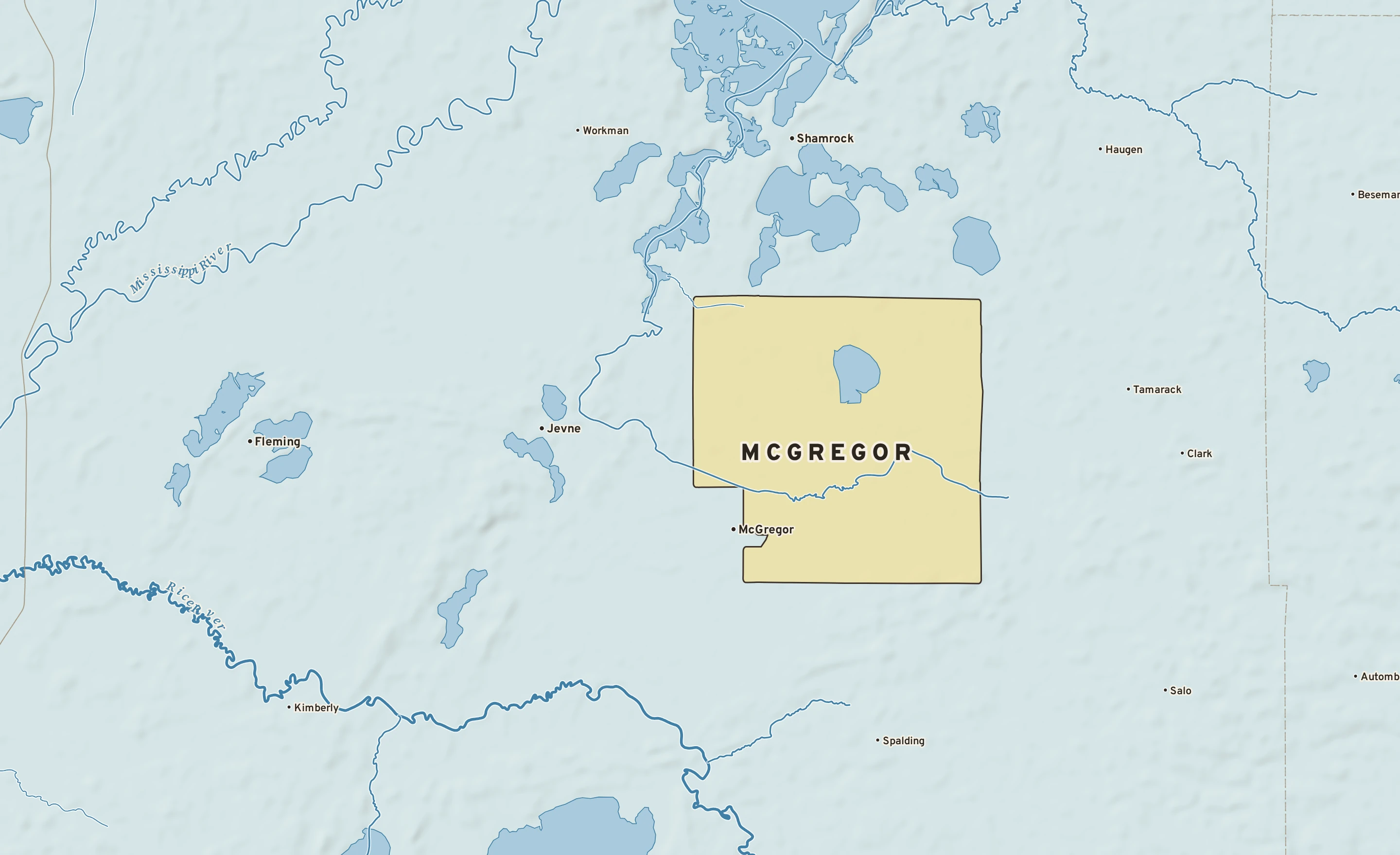 Shaded-relief atlas plate of McGregor, Minnesota: rivers, roads, the city limits and where the water drains.
