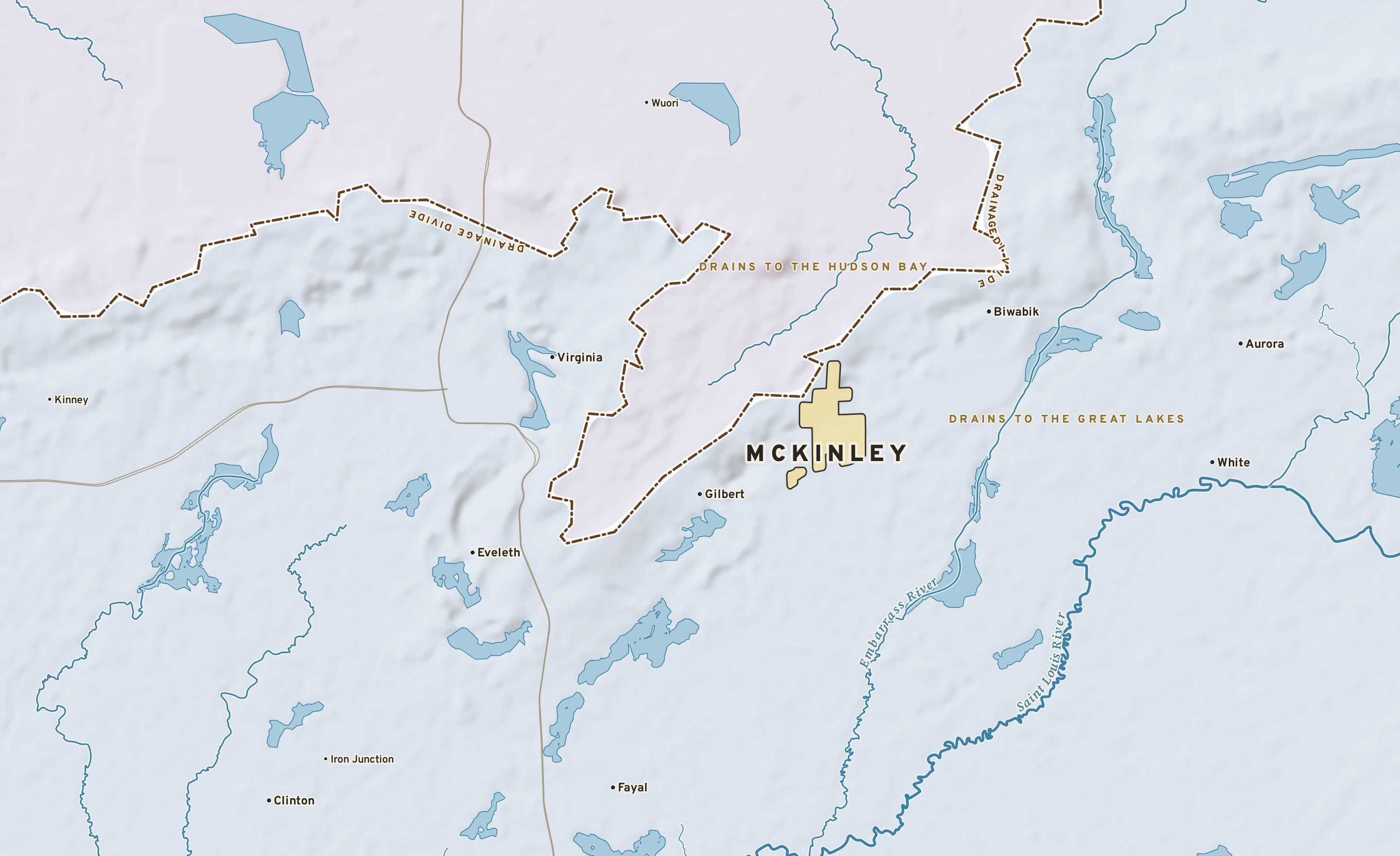 Shaded-relief atlas plate of McKinley, Minnesota: rivers, roads, the city limits and where the water drains.