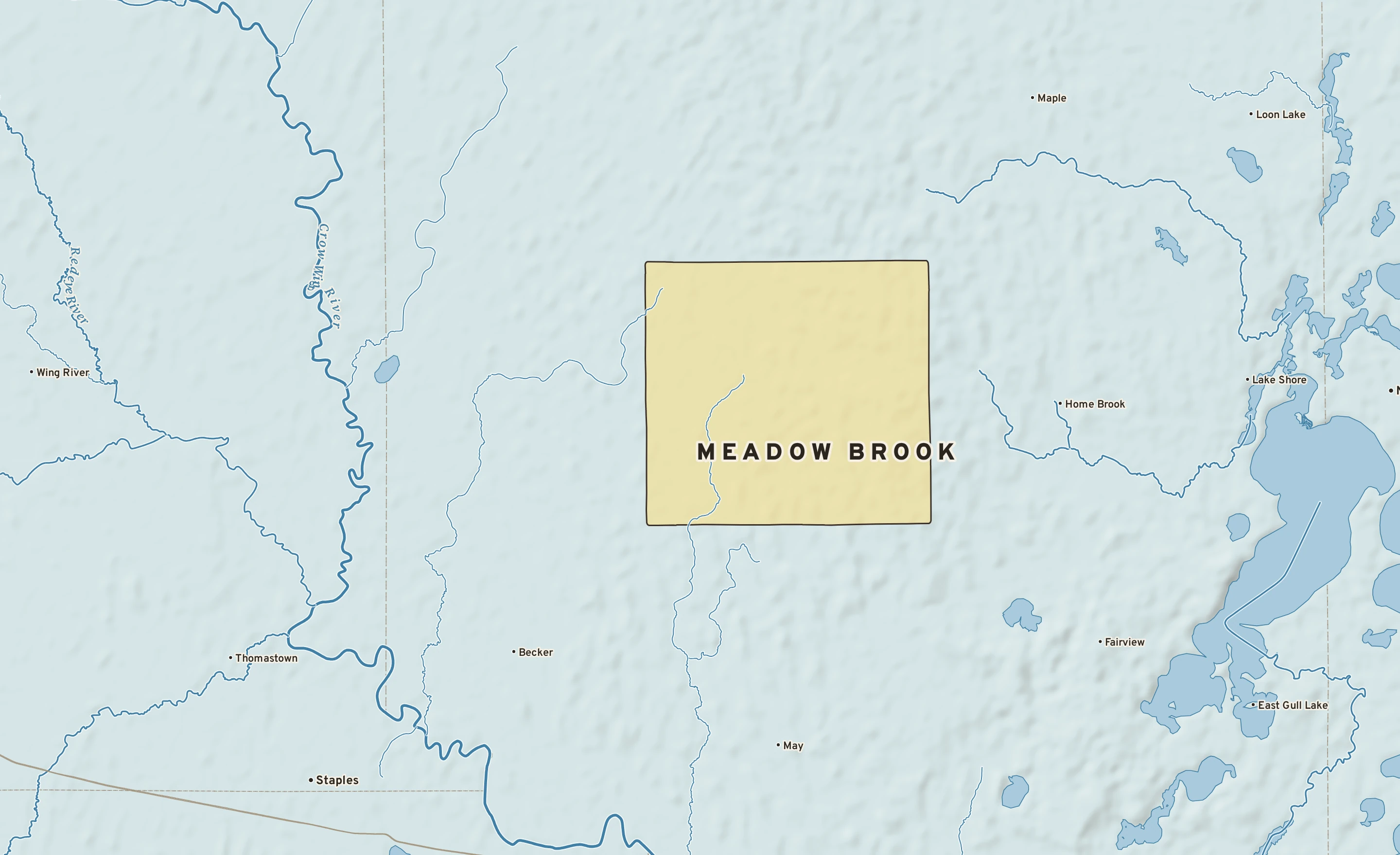 Shaded-relief atlas plate of Meadow Brook, Minnesota: rivers, roads, the city limits and where the water drains.